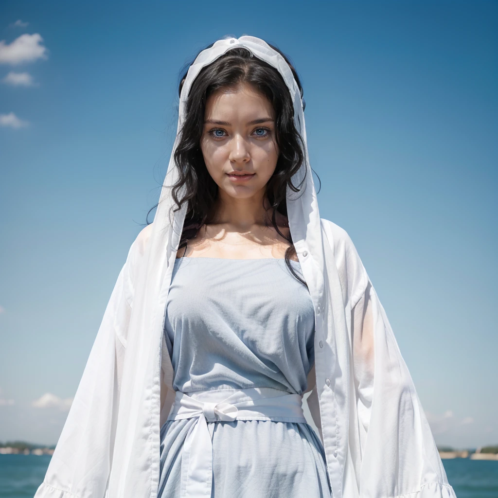 young woman, 25 years old, blue eyes, Curly black hair , serene face, gray dress with wide, long sleeves adjusted at the waist by an intertwined white sash.