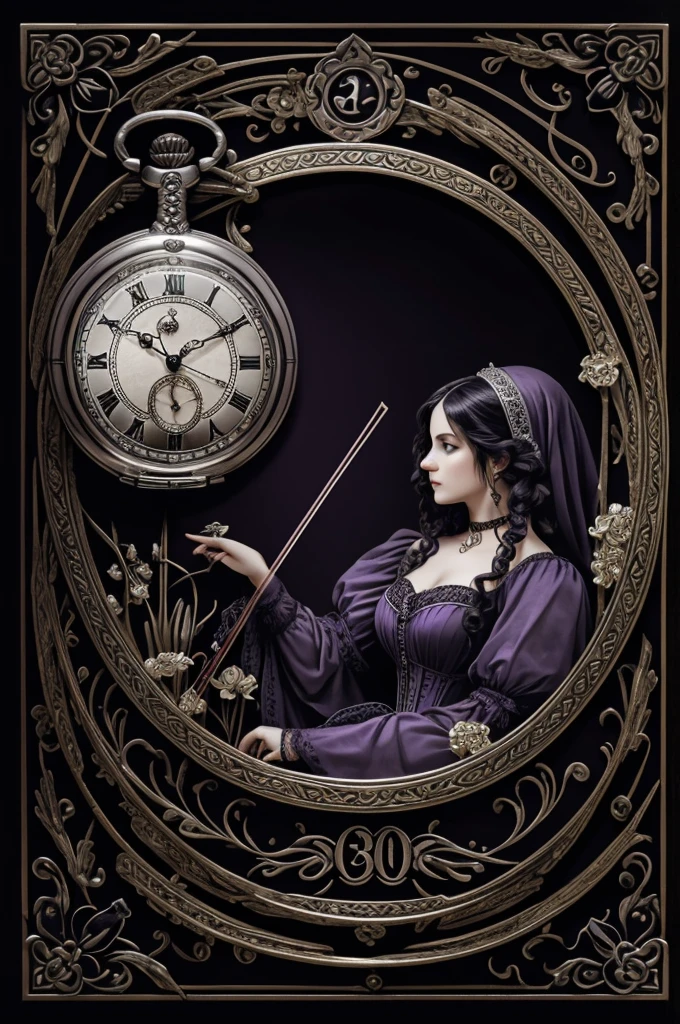 "A dark, gothic-inspired design featuring the text 'Laurent's Carnation' in a stylized, ornate font. The text is surrounded by a pocket watch with a crescent moon design and roman numerals, two ornate lamps resembling genie lamps with intricate details, a partially obscured violin, and delicate floral patterns. Render the image in shades of purple, black, and silver, creating a sense of mystery, intrigue, sophistication, elegance, and whimsy."