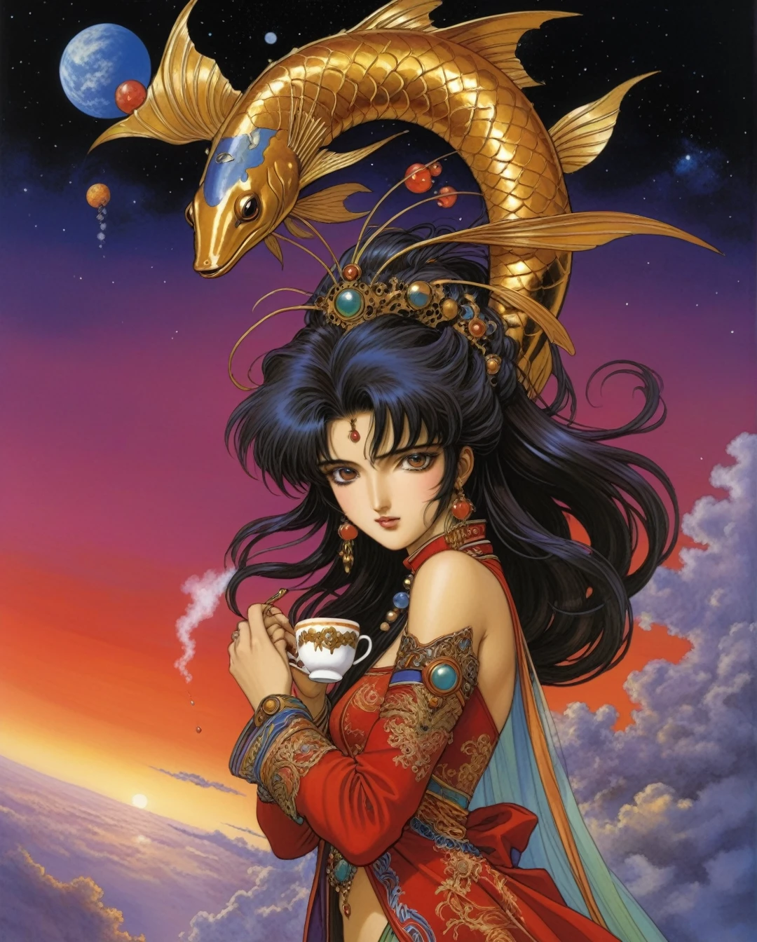 Art style by Akihiro Yamada, Art style by Suehiro Maruo, Art style by Ayami Kojima, (Masterpiece, Top Quality, Super Detail, High Resolution, Best Illustration), Create a surreal and captivating illustration that combines the artistic styles of Naoyuki Kato, Masamune Shirow, Jim Burns, Erik Drudwyn, Olivia De Berardinis, and Alain Aslan. Center the scene around a whimsical concept of a Pisces sinking into a coffee cup, surrounded by a comet mobile café floating through a fantastical landscape.Incorporate a beautiful Saudi Arabian Bedouin high school girl, clad in intricate full-body mechanical clothes that accentuate her perfect, voluminous figure. The setting should evoke a sense of wonder and strangeness, blending fantasy and sci-fi elements with rich details.Focus on creating hand-colored fine line drawings that showcase intricate patterns and textures, emphasizing the ethereal quality of the scene. The overall composition should be a detailed masterpiece that invites viewers into a bizarre yet enchanting world, filled with dreamlike imagery and vibrant colors.