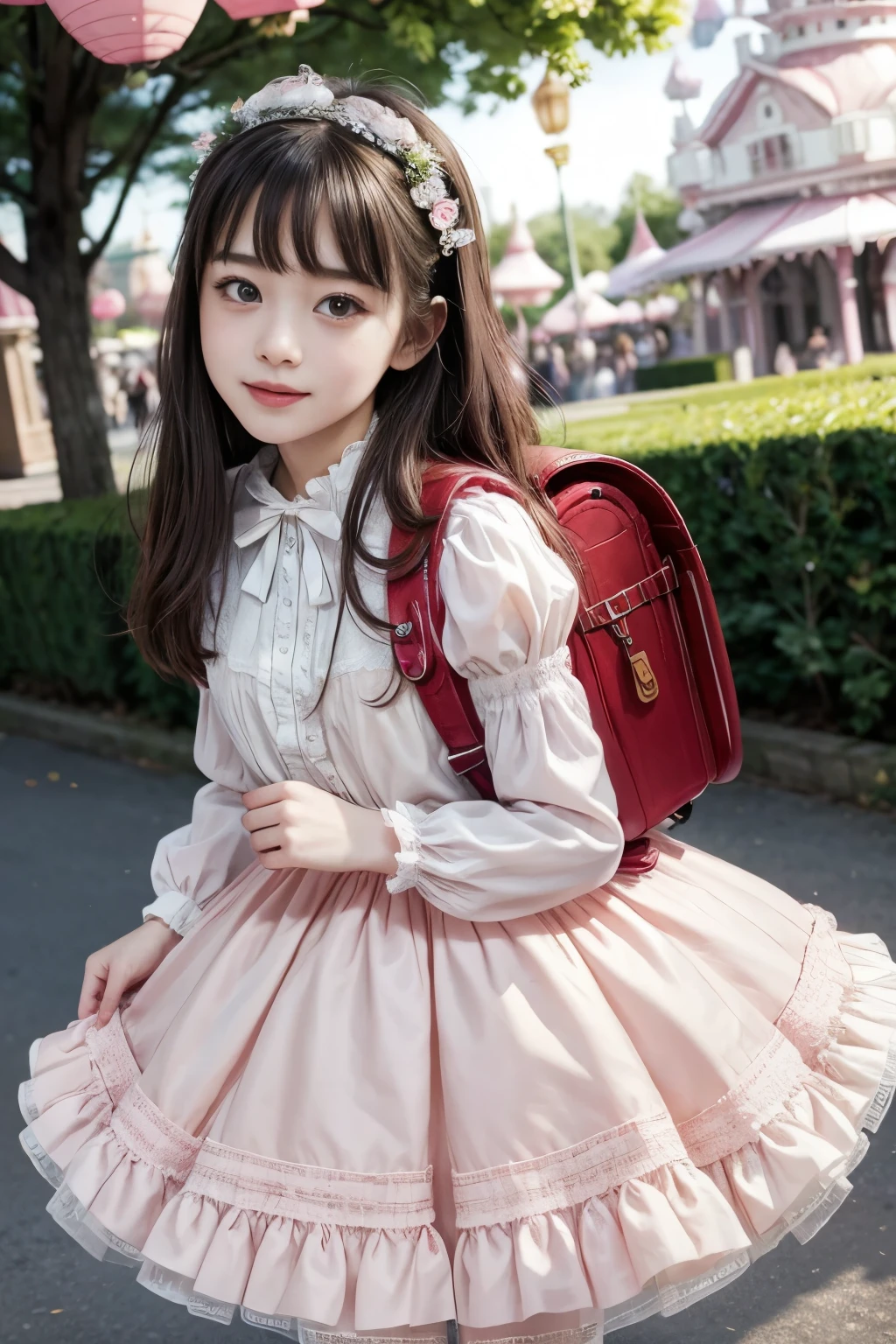 best quality, masterpiece, lifelike, 1 girl, alone, eternal, black hair, long curly hair, blunt bangs, Smile, pink skirt, pink lolita dress, layered skirt, Lolita style long skirt,Layered dress lace-trimmed skirt, decorate, lace, long sleeve, puff sleeves, wide sleeves, Transparent sleeves, hair accessories, In the flower garden, flower, Detailed background, delicate face,pink blush,white,knee socks, Pink shoes,tutu,Lots of lace,((masterpiece))、(top quality)、8K、high detail、Super detailed、 night、21 year old woman,pink lolita dress((dreamy atmosphere:1.1))、Seductive and whimsical style、masterpiece、born、Scenes resembling fairy tale illustrations、Intricate details showcase the ruffles and intricate design of the Lolita dress、Beautifully、magic、capricious、 Beautifully、dream aesthetics、「𝓡𝓸𝓶𝓪𝓷𝓽𝓲𝓬、ethereal、charming、fickle、magic」、Realism、Visual effects、wearing red backpack、(backpack:1.2)、high resolution、ultra high definition、megapixel、(8K resolution:1.10)、8K、8K less、8K resolution、high detail、intricate details、A look of surprise and awe on her face、 (high quality:1.2、masterpiece:1.2、:1.21)、(21 year old female:1.21)、(smile excitedly)、(Surrounded by the dreamy atmosphere of an amusement park)、pink lolita dress、Her eyes were full of surprise and joy、Shooting at many geeks、、High heel、slime、A slender one、standing at outdoor, full body