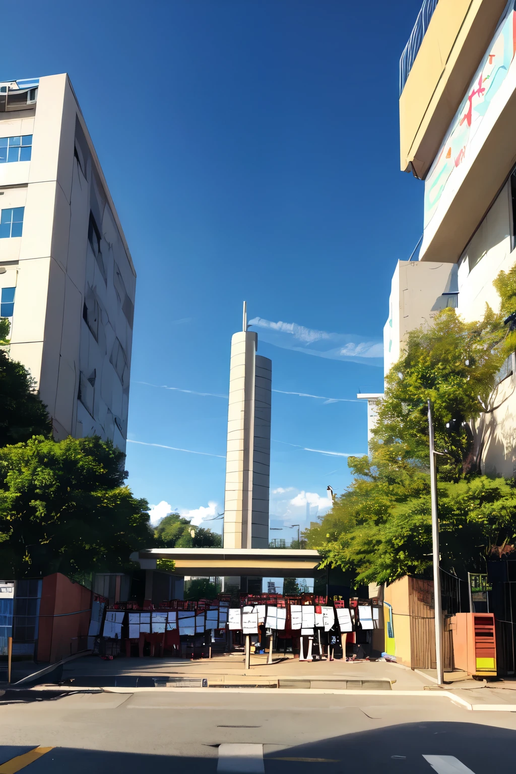 There are two big trees next to the school gate.,A large group of students stood at the school gate holding red flags to protest against the principal