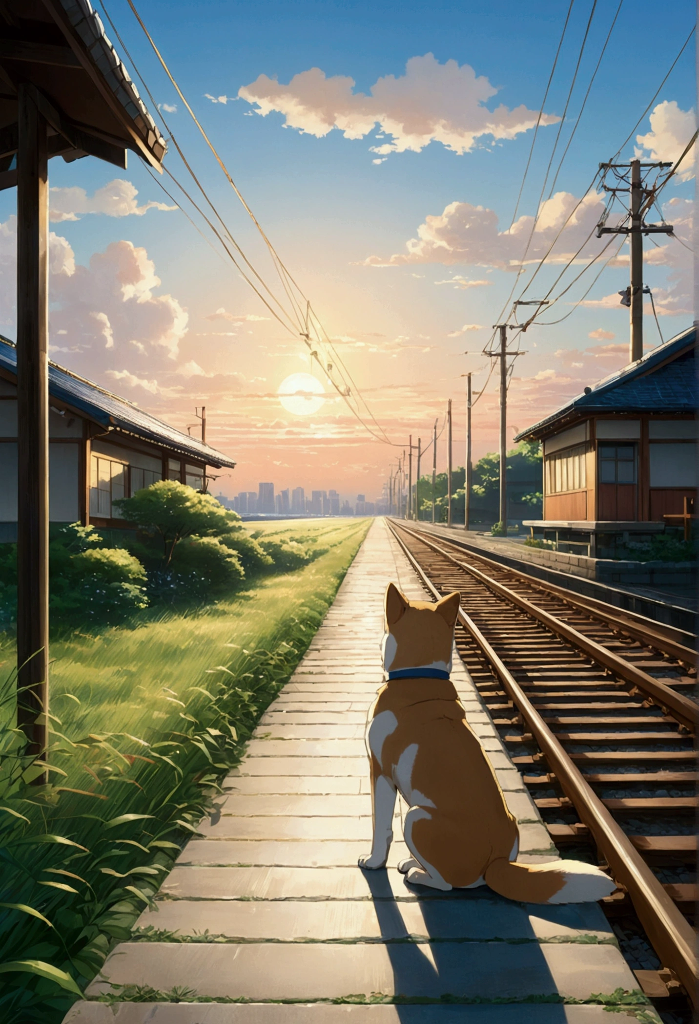 Makoto Shinkai Taste, Beautiful sky, Summer in Japan,station,Shiba Inu Puppy, ,Romantic Landscape, Nostalgic scenery,Beautiful sunlight,Healing scenes,hope, Summer Morning, Makoto Shinkai Taste,Detailed Description,
