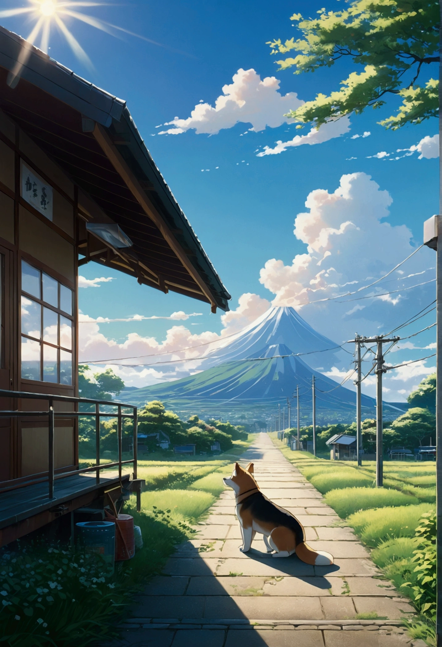 Makoto Shinkai Taste, Beautiful sky, Summer in Japan,station,Shiba Inu Puppy, ,Romantic Landscape, Nostalgic scenery,Beautiful sunlight,Healing scenes,hope, Summer Morning, Makoto Shinkai Taste,Detailed Description,