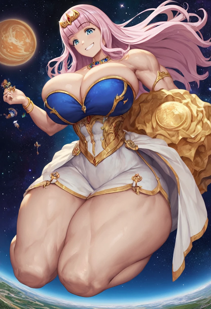 detailed, masterpiece, best quality,
1girl, score 9, score 8 up, score 7 up,
narrow waist, huge breasts, wide hips, huge ass, thick thighs,
fujiwara chika, smug, (goddess), giantess, muscular, jewelry, cleavage, space, nebula, floating, full body