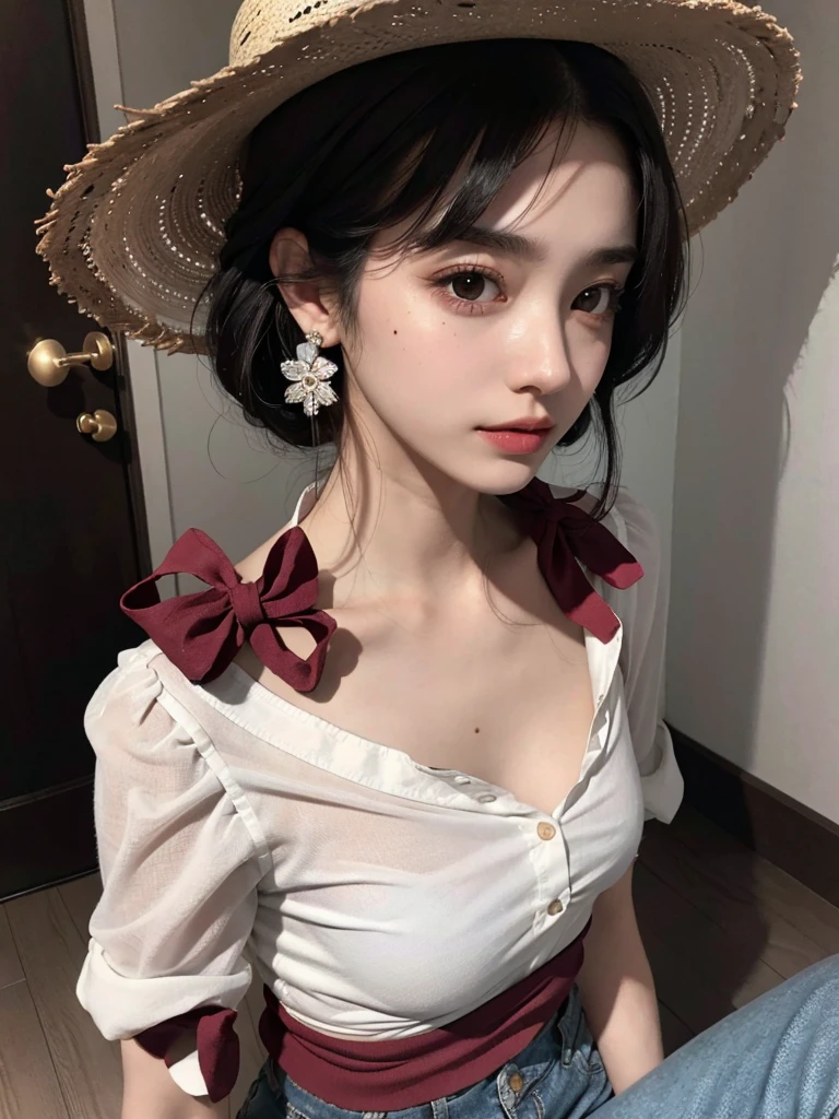 absurdres, RAW photo, extremely delicate and beautiful, masterpiece, Best Quality, ultra high resolution, 32k, hyperrealistic, ultra-detailed, perfect figure, Perfect Style, Perfect balance, in her 20s, very small head, very small face, delicate facial features, tearful mole, earring, very huge breasts, bare legs, full body shot, medium hair, black hair, colored inner hair, casual, blouse, white shirt, buttoned shirt, bare shoulders, collarbone, midriff, navel, shorts, straw hat,