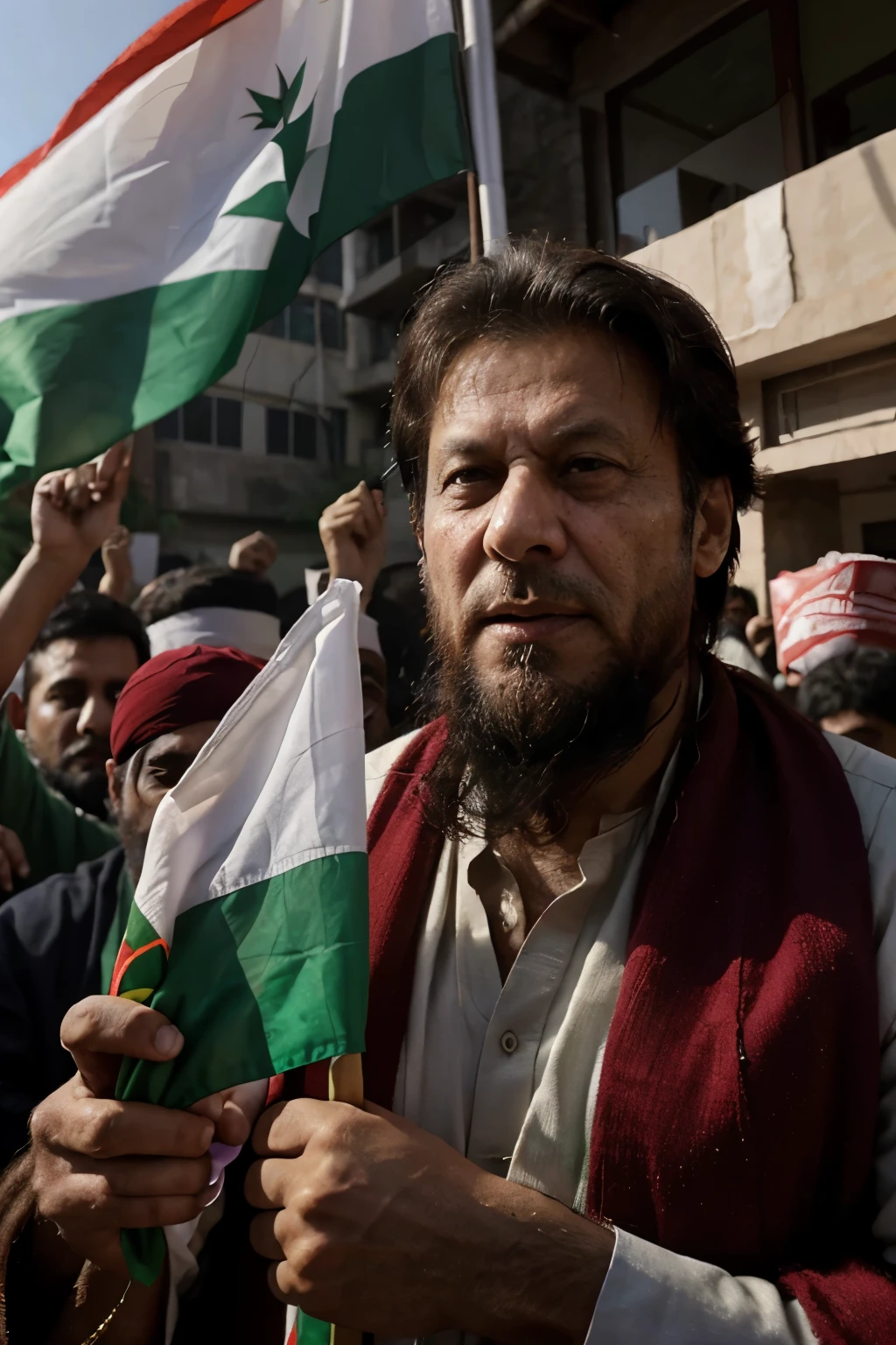 Imran khan the prime minister of pakistan who is released from jali with red and green colour warmth and he is old and 3 inches long beard.and he meet with his supporters and his supporters holding the flag of PTI in their hands.