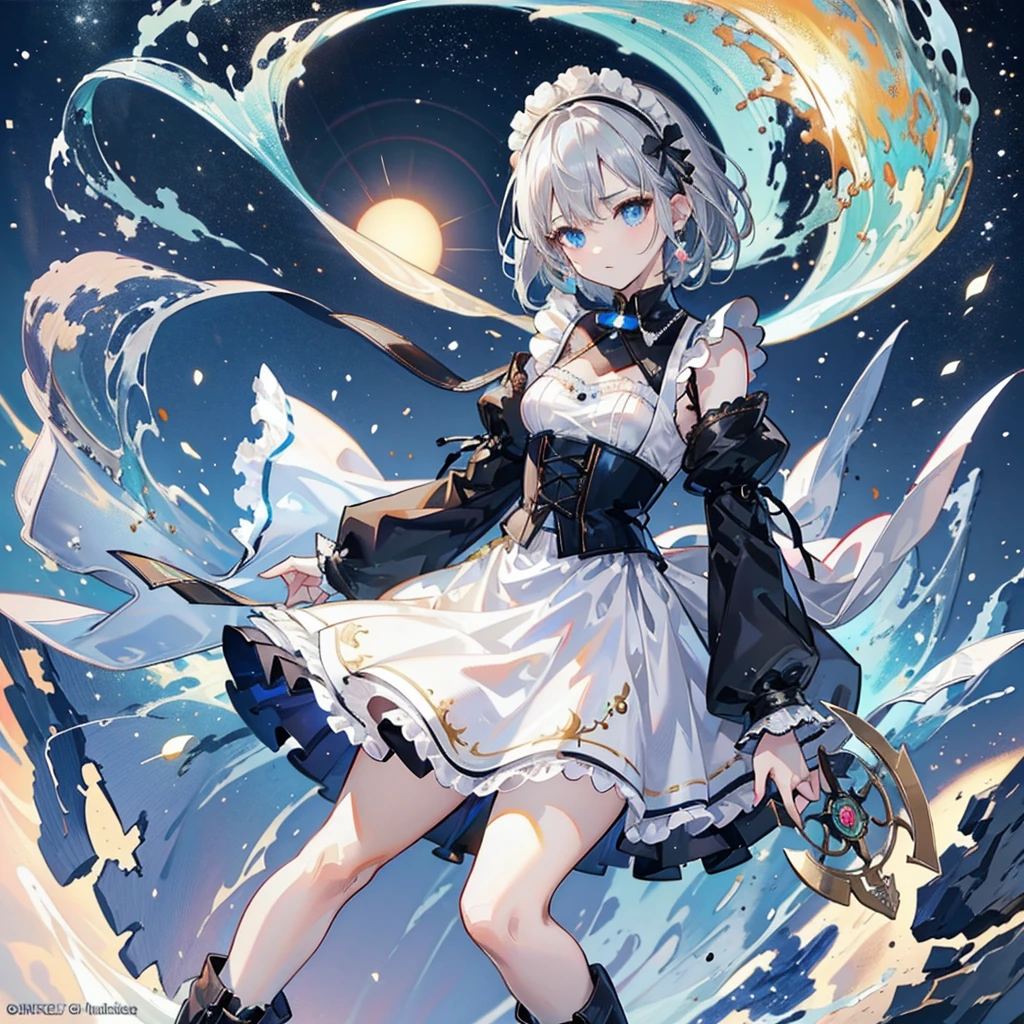 (masterpiece:1.6, Highest quality), (Fine and beautiful eyes: 1.2), Fiami, Yaminor, Ranpura, One girl, Flower Field, White Dress, planet, Starry Sky, petal, scenery, Floating Hair, night, No sleeve, Sun skirt, No sleeve dress, Illustration of one person, Dengeki Bunko, Woman Looking Back, Perfect Human Medicine, Woman keeps falling, {{{{{Maid clothes}}}}},Small Tits,anime, Two legs, Cool,{{{{{50 year old woman}}}}} ,{{{{{a person is depicted}}}}},(Official Art、{{{{{Upper Bodyアングル}}}}},Highest quality、Unity 8k wallpaper、32k、masterpiece、Ultra-detailed、Ultra-high resolution, Realistic、Grab your hair with your hands, Photorealistic:1.2)、(Cinema Lighting:1.2)、,Fire Glow Effect、The most grainy shadows on the film、Rim Light、Side light、Side Shot、(Ultra-detailedで複雑な3Dレンダリング)、Very short hair, Short wolf hair,細部までBeautiful Faceと目、Sharp pupils、Realistic生徒、Slender、Highly detailed background、Beautiful Face、Beautiful 16 year old girl、(Ultra-detailedなスキン、Detailed skin texture:1.Silver Hair:1.3)、Blunt bangs、blue eyes、{{{{{黒いMaid clothes}}}}}、White apron costume、Black knee socks、(Thighs Thighs Thighs Thighs:0.8)、Dancing on the Tower Roof、(avert your eyes、Overlooking the city:1.3)、Fantastic、Close your mouth and bite, Makes your face smaller, (Tabletop), Highest quality, Perfect Face, 1 Girl, alone, Eye color is light blue, Hair between the eyes, Very Short Hair, blue eyes, Silver Hair, Knee-high boots, corset,Black gloves, Long sleeve, Upper Body, Light and multiple flying birds,