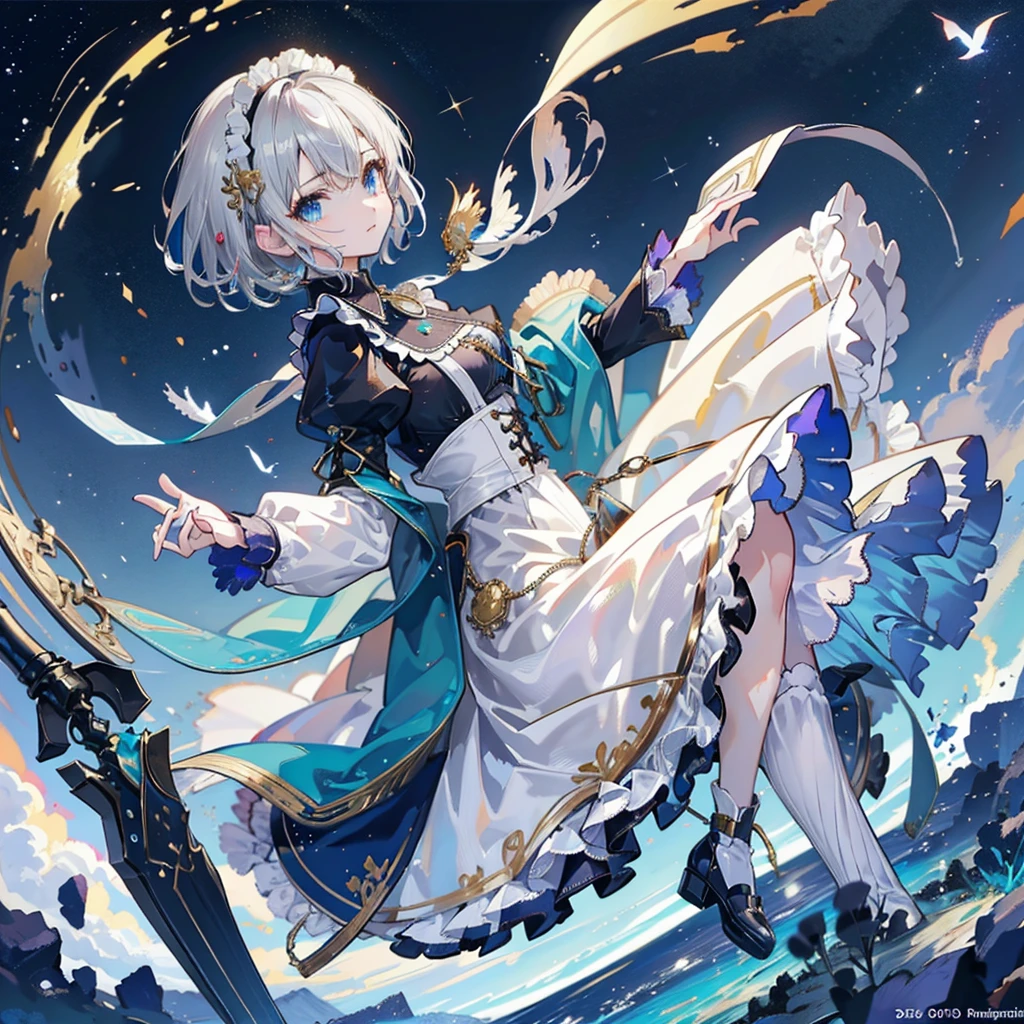 (masterpiece:1.6, Highest quality), (Fine and beautiful eyes: 1.2), Fiami, Yaminor, Ranpura, One girl, Flower Field, White Dress, planet, Starry Sky, petal, scenery, Floating Hair, night, No sleeve, Sun skirt, No sleeve dress, Illustration of one person, Dengeki Bunko, Woman Looking Back, Perfect Human Medicine, Woman keeps falling, {{{{{Maid clothes}}}}},Small Tits,anime, Two legs, Cool,{{{{{50 year old woman}}}}} ,{{{{{a person is depicted}}}}},(Official Art、{{{{{Upper Bodyアングル}}}}},Highest quality、Unity 8k wallpaper、32k、masterpiece、Ultra-detailed、Ultra-high resolution, Realistic、Grab your hair with your hands, Photorealistic:1.2)、(Cinema Lighting:1.2)、,Fire Glow Effect、The most grainy shadows on the film、Rim Light、Side light、Side Shot、(Ultra-detailedで複雑な3Dレンダリング)、Very short hair, Short wolf hair,細部までBeautiful Faceと目、Sharp pupils、Realistic生徒、Slender、Highly detailed background、Beautiful Face、Beautiful 16 year old girl、(Ultra-detailedなスキン、Detailed skin texture:1.Silver Hair:1.3)、Blunt bangs、blue eyes、{{{{{黒いMaid clothes}}}}}、White apron costume、Black knee socks、(Thighs Thighs Thighs Thighs:0.8)、Dancing on the Tower Roof、(avert your eyes、Overlooking the city:1.3)、Fantastic、Close your mouth and bite, Makes your face smaller, (Tabletop), Highest quality, Perfect Face, 1 Girl, alone, Eye color is light blue, Hair between the eyes, Very Short Hair, blue eyes, Silver Hair, Knee-high boots, corset,Black gloves, Long sleeve, Upper Body, Light and multiple flying birds,