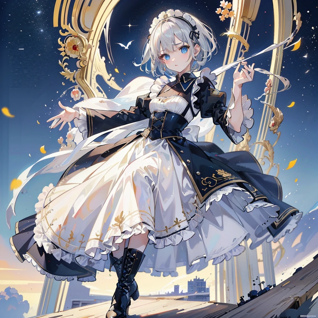 (masterpiece:1.6, Highest quality), (Fine and beautiful eyes: 1.2), Fiami, Yaminor, Ranpura, One girl, Flower Field, White Dress, planet, Starry Sky, petal, scenery, Floating Hair, night, No sleeve, Sun skirt, No sleeve dress, Illustration of one person, Dengeki Bunko, Woman Looking Back, Perfect Human Medicine, Woman keeps falling, {{{{{Maid clothes}}}}},Small Tits,anime, Two legs, Cool,{{{{{50 year old woman}}}}} ,{{{{{a person is depicted}}}}},(Official Art、{{{{{Upper Bodyアングル}}}}},Highest quality、Unity 8k wallpaper、32k、masterpiece、Ultra-detailed、Ultra-high resolution, Realistic、Grab your hair with your hands, Photorealistic:1.2)、(Cinema Lighting:1.2)、,Fire Glow Effect、The most grainy shadows on the film、Rim Light、Side light、Side Shot、(Ultra-detailedで複雑な3Dレンダリング)、Very short hair, Short wolf hair,細部までBeautiful Faceと目、Sharp pupils、Realistic生徒、Slender、Highly detailed background、Beautiful Face、Beautiful 16 year old girl、(Ultra-detailedなスキン、Detailed skin texture:1.Silver Hair:1.3)、Blunt bangs、blue eyes、{{{{{黒いMaid clothes}}}}}、White apron costume、Black knee socks、(Thighs Thighs Thighs Thighs:0.8)、Dancing on the Tower Roof、(avert your eyes、Overlooking the city:1.3)、Fantastic、Close your mouth and bite, Makes your face smaller, (Tabletop), Highest quality, Perfect Face, 1 Girl, alone, Eye color is light blue, Hair between the eyes, Very Short Hair, blue eyes, Silver Hair, Knee-high boots, corset,Black gloves, Long sleeve, Upper Body, Light and multiple flying birds,