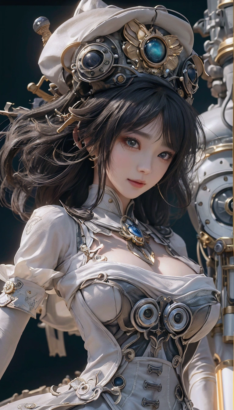 A Wizard Who Controls Time、Beauty、The background is a distortion of space-time、Hair flow、 ((Highest quality、masterpiece、8K、Best image quality、Ultra-high resolution、Award-winning works)、(Accurate anatomy:1.1)、(Look at me and smile:1.1)、Shining fair skin with Ultra-high resolution、The most detailed face、Ultra-high resolution detailed face、Ultra-high resolutionの髪の毛、(Ultra-high resolution eye:1.1)、Beautiful face drawn in every detail、Steampunk costumes, Chest to chest, Strange atmosphere, Heavy makeup