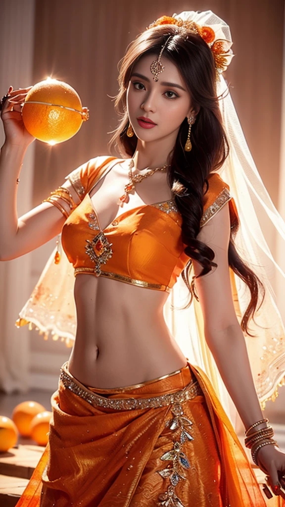 4K, UHD, masterpeice, 1 girl, good face, detailed eyes, detailed lips, very long hair, straight hair, very long hair, beautiful hair, hair ornaments, hairband, gradient hair, ((orange lehenga)), ((bridal lehenga)), ((decorated blouse)), sardine, ((ornament lehenga)), ((orange lace)), ((diamond bracelet)), ((pendant)), Pearl, ornaments, necklace, earring, high lighting, ((bare stomach)), ((in the wedding stage)), orange color, depth of field, ray tracing, ultra realistic detailed,