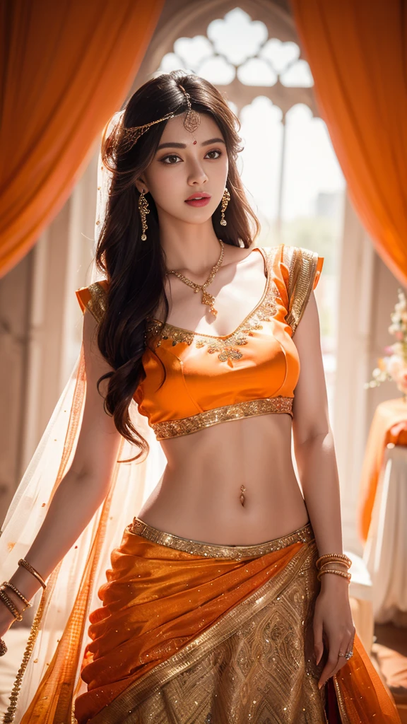 4K, UHD, masterpeice, 1 girl, good face, detailed eyes, detailed lips, very long hair, straight hair, very long hair, beautiful hair, hair ornaments, hairband, gradient hair, ((orange lehenga)), ((bridal lehenga)), ((decorated blouse)), sardine, ((ornament lehenga)), ((orange lace)), ((diamond bracelet)), ((pendant)), Pearl, ornaments, necklace, earring, high lighting, ((bare stomach)), ((in the wedding stage)), orange color, depth of field, ray tracing, ultra realistic detailed,