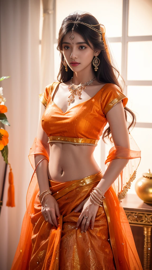 4K, UHD, masterpeice, 1 girl, good face, detailed eyes, detailed lips, very long hair, straight hair, very long hair, beautiful hair, hair ornaments, hairband, gradient hair, ((orange lehenga)), ((bridal lehenga)), ((decorated blouse)), sardine, ((ornament lehenga)), ((orange lace)), ((diamond bracelet)), ((pendant)), Pearl, ornaments, necklace, earring, high lighting, ((bare stomach)), ((in the wedding stage)), orange color, depth of field, ray tracing, ultra realistic detailed,