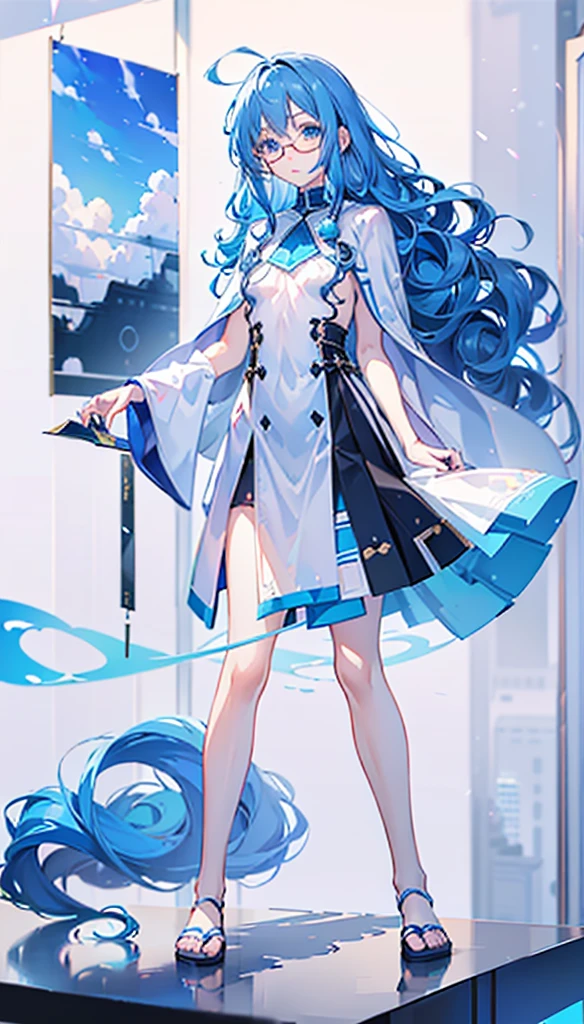 (Sky blue hair),Blue Eyes,Long curly hair,Big wavy hair,Round glasses,Girl,Wear a white cape,No hat,Black skirt,Holding a skirt in hand,Standing,Standing picture,whole body,游戏Standing picture,White background,8K,Correct human body,Detailed eye painting,illustration,Highest quality,Exquisite,Detailed face,Masterpiece,flat chest,Slim,young,16 years old,High-end,Hand Painted,Official Fanart, Visual novel, Anime style,Girl浪漫, Produced by Anime Painter Studio,masterpiece, best quality, Sharp focus, Intricate details, Perfect, Golden Ratio Composition, 8K resolution, High resolution, fair, fair sky, Vibrant pastel colors