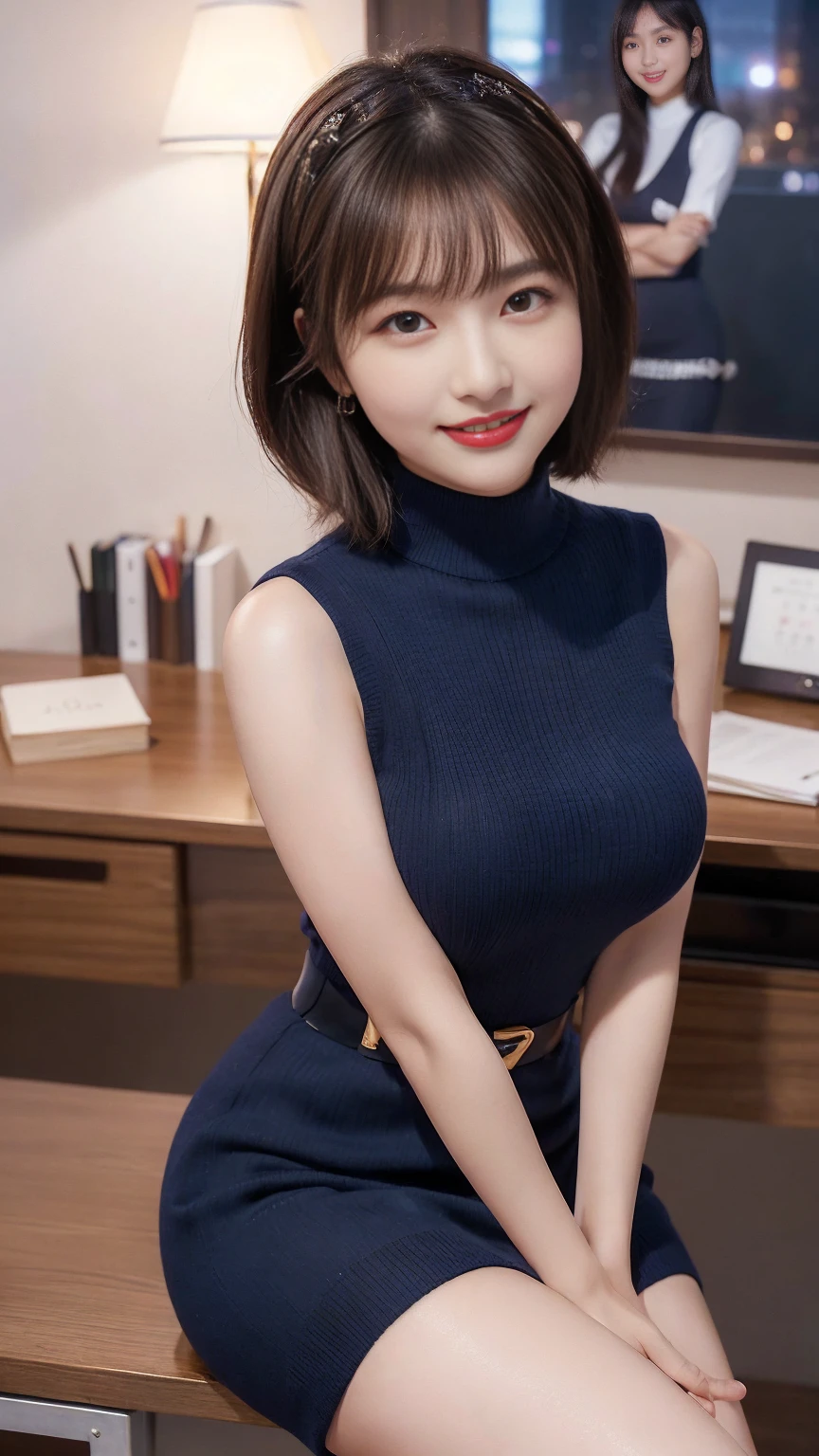 Highest quality, masterpiece, Ultra-high resolution, (Realistic:1.4), Beautiful woman, ((Big Breasts:1.3)), (((Short Bob))), (((Red Ash))), Beautiful Skin, Fine skin, 魅惑的なsmile, Background blur, smile, Hair over the ears, beautiful girl, Fair skin, Voluptuous, Plump body, (((Office Lady、OL、Office Ladyー、formal clothes,Navy knitwear、High neck knit)))、(((Horseshoe shaped hair band)))、formal ,bright colored panties,High heels、(((whole body,Includes legs)))、Dress up、(Photo realistic:1.4)、(Surreal:1.4)、(Realistic:1.3)、 (Gentle lighting: 1.05)、(Improve the lighting quality of your videos:0.9)、32k、 One girl、28-year-old woman、Photorealistic Lighting、Backlight、Facial Light、Ray-tracing、(bright:1.2)、(Improvement of quality:1.4)、 (Highest qualityのリアルテクスチャスキン)、Beautiful Eyes,Delicate and elegant features, Face close-up, Navy knitwear,very tight knit ,High neck knit,Sleeveless knit,Sleeveless knit,((Navy knitwear [See-through nit:1.5], {Nipples are prominent,Covered nipples})),Navy pencil skirt ,Navy Tight Skirt, (Improve your body line mood:1.1)、Shiny skin、Wavy Hair,Korean Idol、Nogizaka Idol、Sculptural idol pose、小さなsmile,blush,Beautiful actress、A proper woman,whole body, (((Small breasts))),(Perfect teeth alignment),narrow waist and hips,Beautiful long leg shot)、((8 heads)、(((Tempting、Embarrassing)))、Dynamic pose,Sculpture Pose,(eye shadow),((Red cheeks、Red lips)),Very beautiful night view、at night、blush,小さなsmile,(((Full Shot)))、Spread your legs a little、Sit at a desk,(((A luxurious office at night)))
