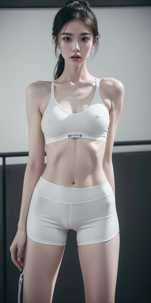 a very thin woman with visible bones, pale white skin, sweaty body, full body view , perfect body slim , sweaty weat body, wearing short sport pant and bra, tatto, in a prison(best quality,4k,8k,highres,masterpiece:1.3), (nsfw:1.3).