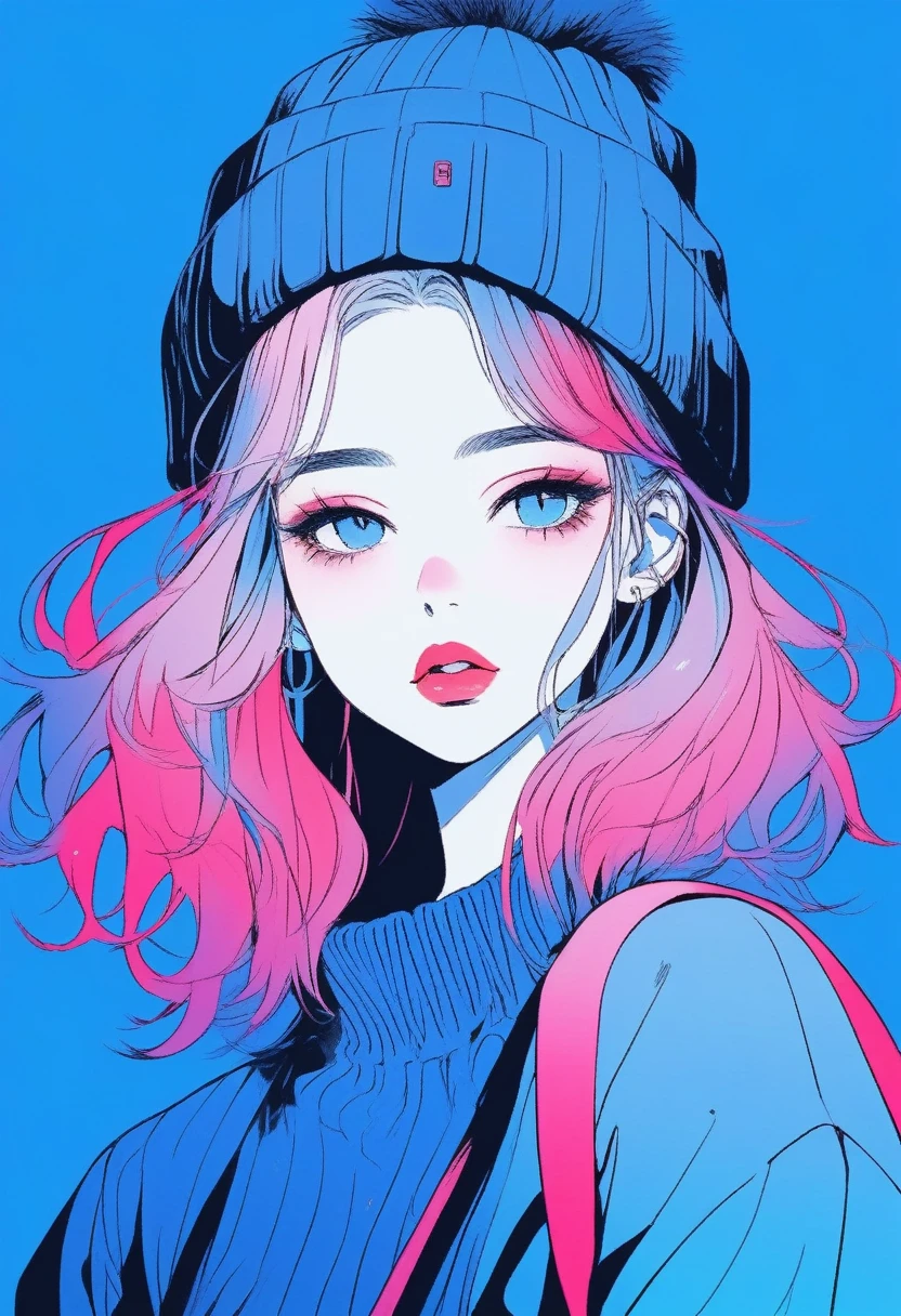 Illustrator, Japanese cartoons , Practical ,sketch , 1 girl, ,Lips, sweater,Order, Blue gradient background, Neon hair,Texture decoration, Canada, (masterpiece,best quality) glycerin
