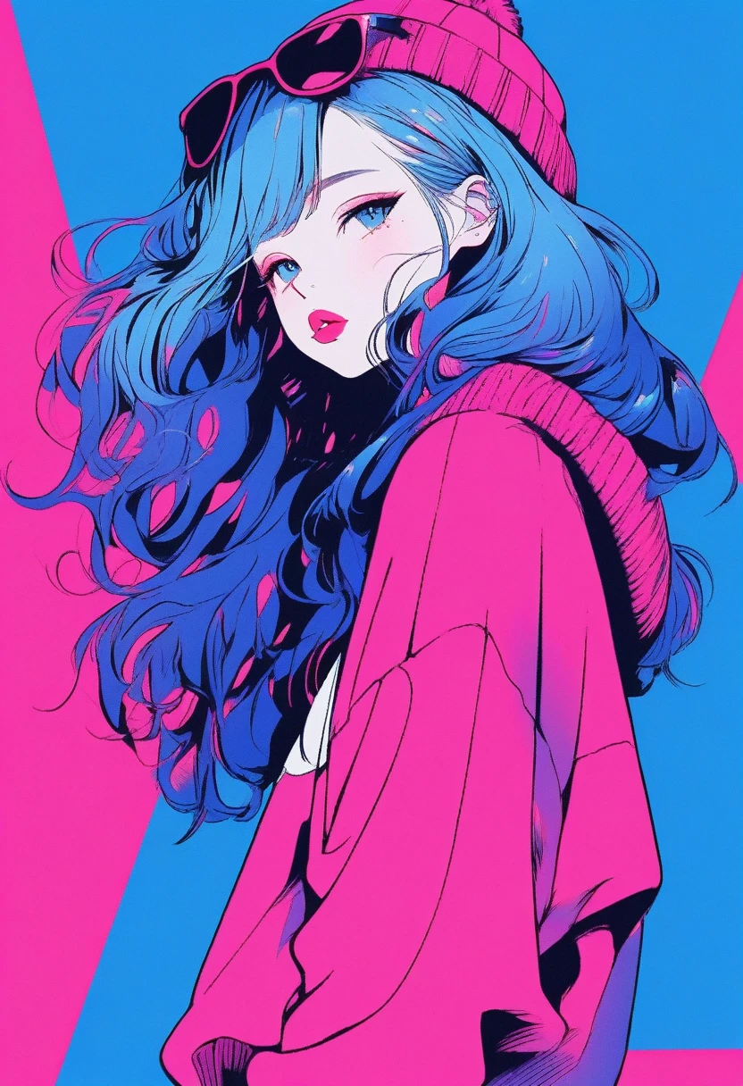 Illustrator, Japanese cartoons , Practical ,sketch , 1 girl, ,Lips, sweater,Order, Blue gradient background, Neon hair,Texture decoration, Canada, (masterpiece,best quality) glycerin