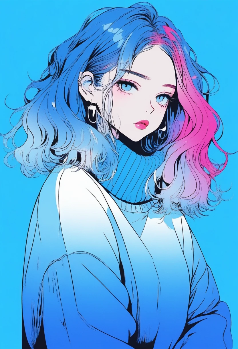 Illustrator, Japanese cartoons , Practical ,sketch , 1 girl, ,Lips, sweater,Order, Blue gradient background, Neon hair,Texture decoration, Canada, (masterpiece,best quality) glycerin