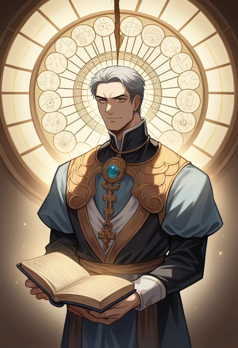 Imagine an enigmatic figure known as the Shadow Keeper. He is dressed in dark and elegant attire, reminiscent of Victorian fashion, with intricate silver details. His expression is serene and confident, exuding authority and wisdom, with well-kept gray hair and piercing eyes that seem to see beyond the visible.
The setting is an ancient and majestic library. Dark wood shelves, full of old books, dusty with time, surround the Guardian, creating a sense of depth and mystery. The lighting is soft and warm, with golden lights and deep shadows that create a dramatic and immersive contrast, highlighting the figure of the Guardian in the center of the scene.
In your hands, he holds an old open book, whose pages reveal mystical texts and diagrams, suggesting arcane and valuable knowledge. Around the Guardian, small details increase the atmosphere of mystery and erudition: ancient globes, bronze scientific instruments, and lit candles that cast a flickering light, reflecting in the environment in an almost ethereal way.
Ao fundo, a large pendulum clock keeps time silently, reinforcing the Guardian's sense of timelessness and connection to past and future eras. Elements such as scrolls, old maps and sparse crystals complement the scenery, adding layers of depth to the image.
The aura emanating from this scene must convey a combination of knowledge, mystery and positivity, showing the Shadow Keeper as a wise figure, trustworthy and benevolent. He's ready to guide viewers through the world's deepest and most fascinating secrets., bringing light to the shadows and promoting a journey of discovery and enlightenment. This image should capture the essence of a spiritual and intellectual mentor, whose presence inspires respect and curiosity, setting the stage for stories and revelations that transcend the ordinary.