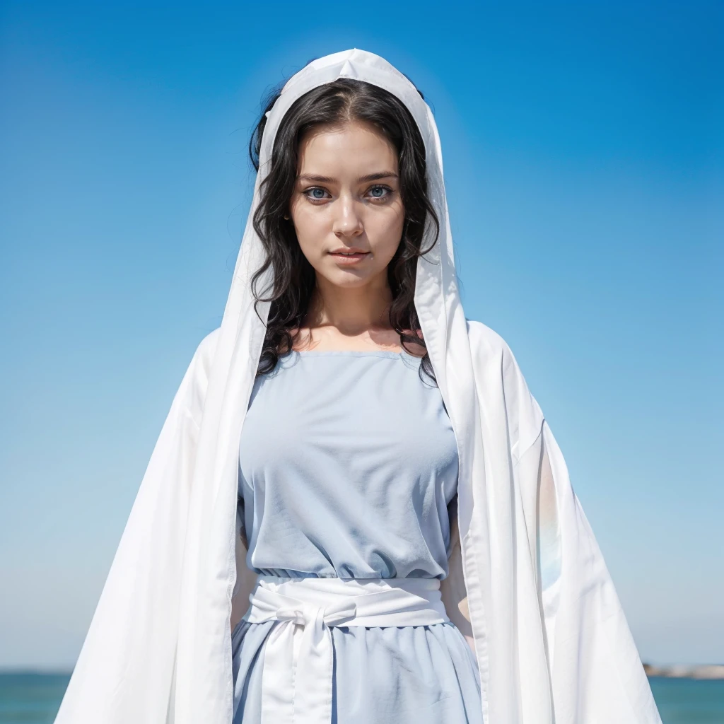 young woman, 25 years old, blue eyes, Curly black hair , serene face, gray dress with wide, long sleeves adjusted at the waist by an intertwined white sash.