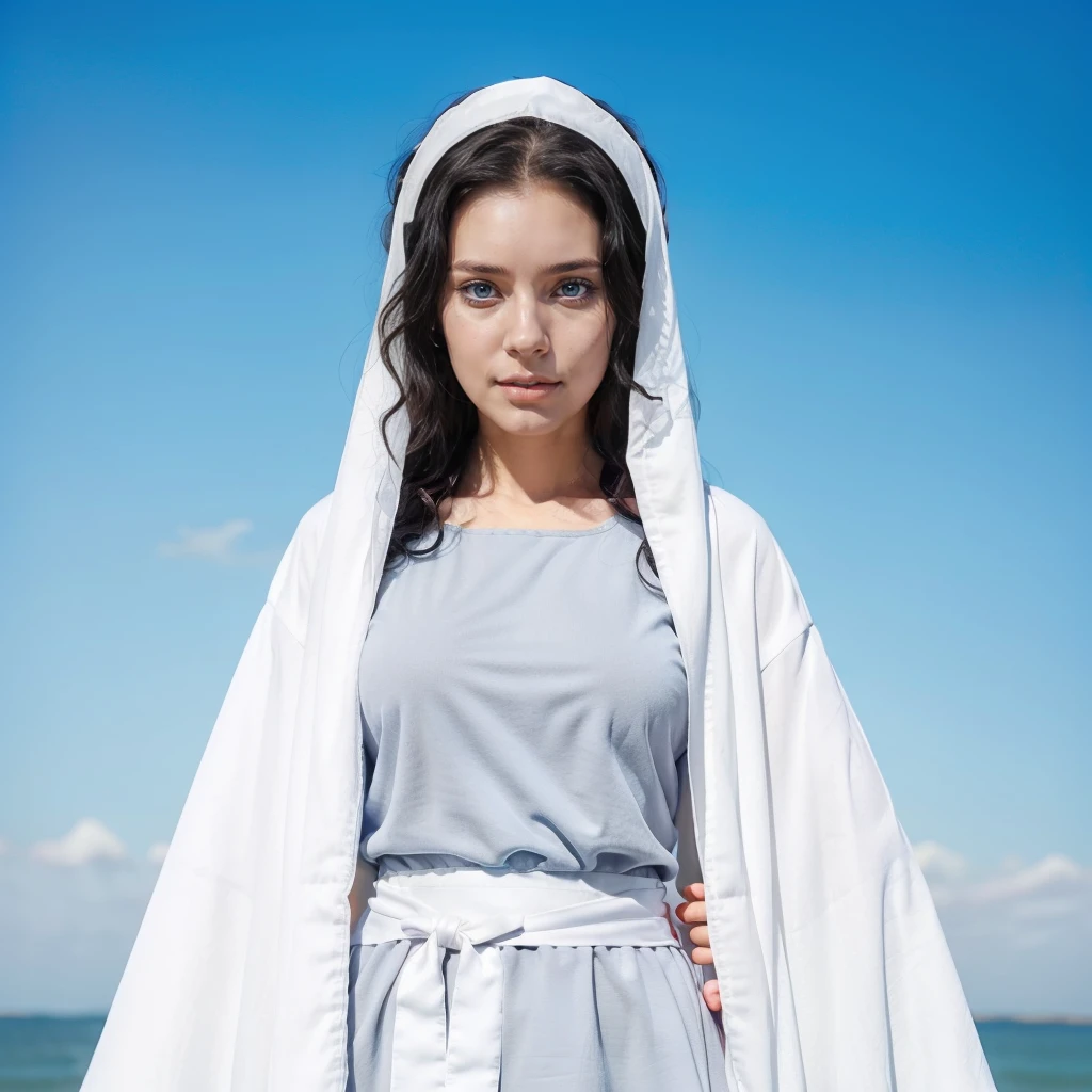 young woman, 25 years old, blue eyes, Curly black hair , serene face, gray dress with wide, long sleeves adjusted at the waist by an intertwined white sash.
