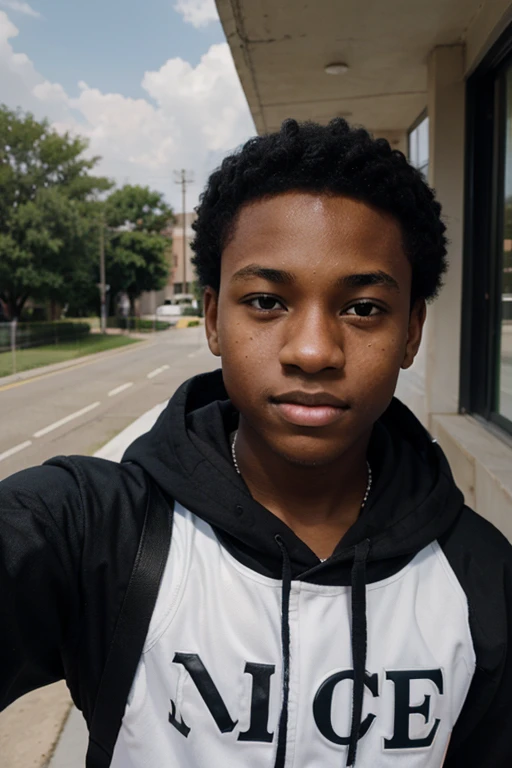Young black teenage boy 17 years old taking a selfie outside
