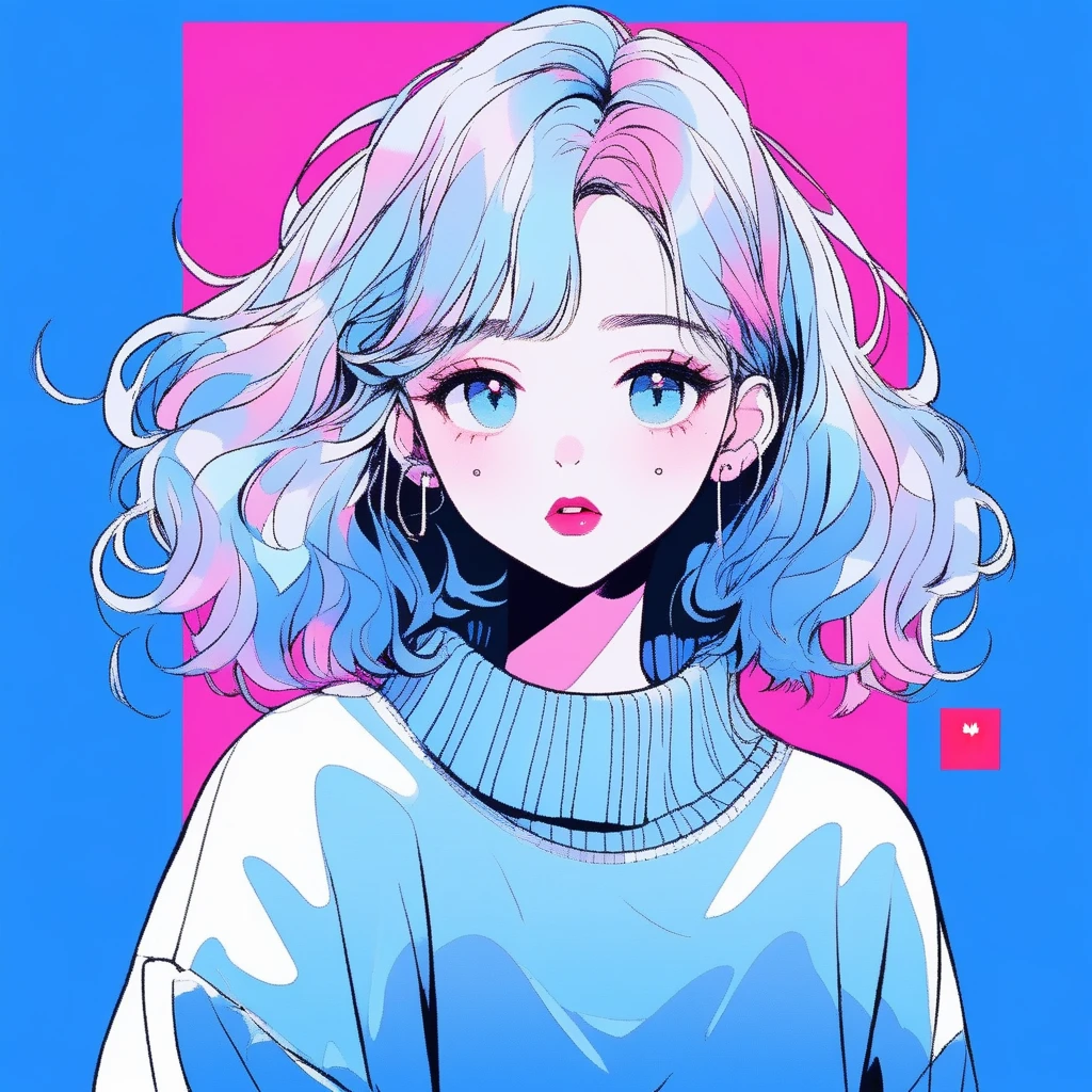 Illustrator, Japanese cartoons , Practical ,sketch , 1 girl, ,Lips, sweater,Order, Blue gradient background, Neon hair,Texture decoration, Canada, (masterpiece,best quality) glycerin