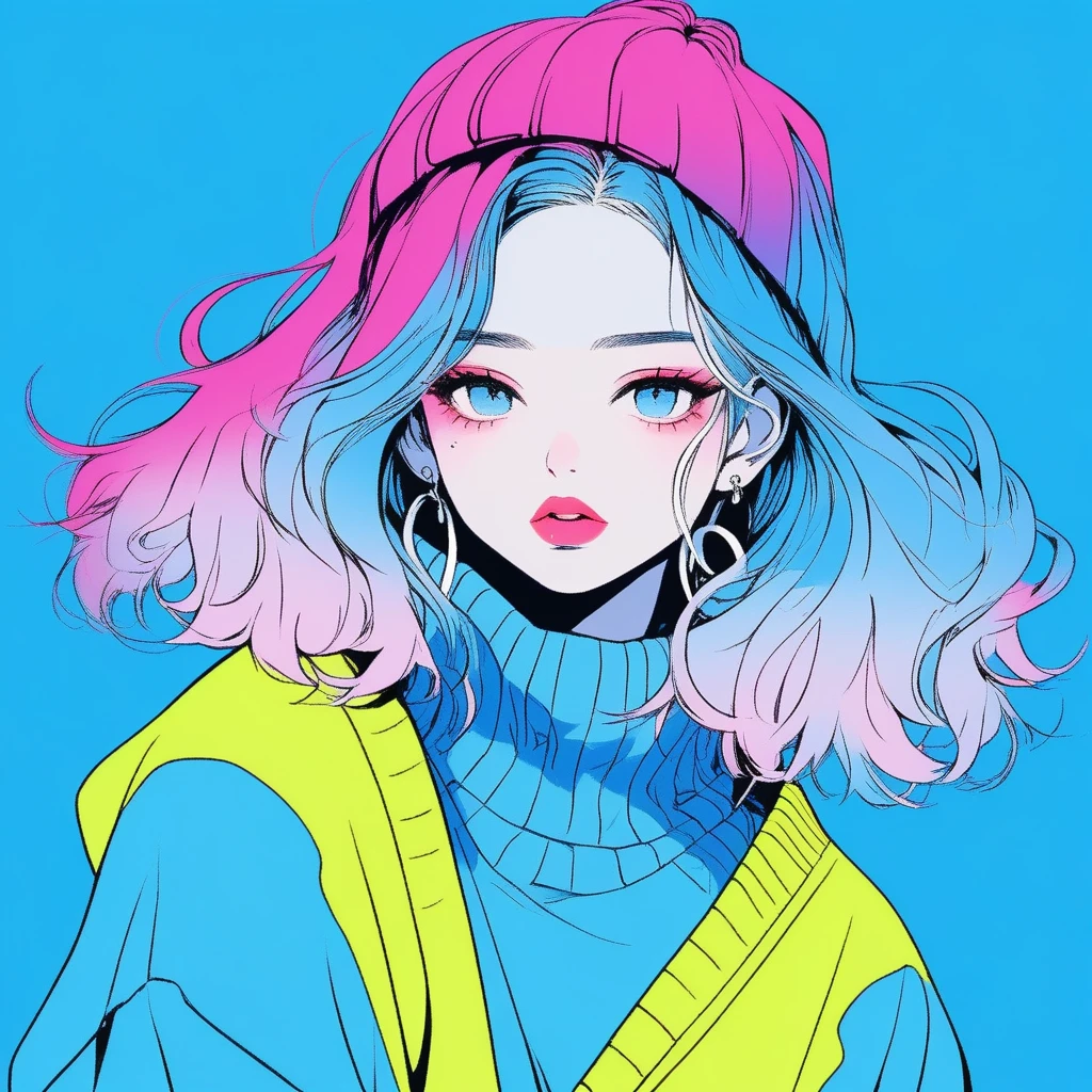 Illustrator, Japanese cartoons , Practical ,sketch , 1 girl, ,Lips, sweater,Order, Blue gradient background, Neon hair,Texture decoration, Canada, (masterpiece,best quality) glycerin