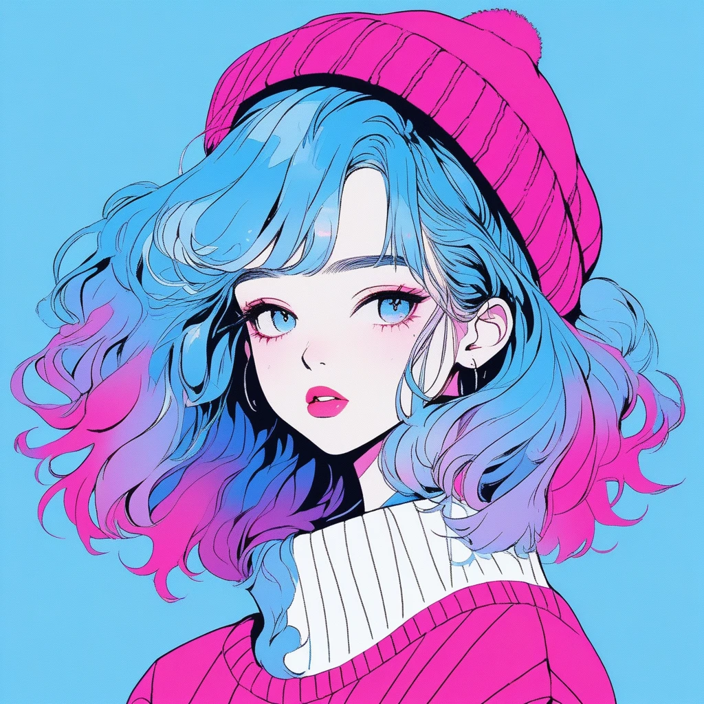 Illustrator, Japanese cartoons , Practical ,sketch , 1 girl, ,Lips, sweater,Order, Blue gradient background, Neon hair,Texture decoration, Canada, (masterpiece,best quality) glycerin