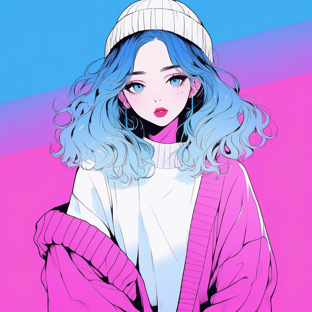 Illustrator, Japanese cartoons , Practical ,sketch , 1 girl, ,Lips, sweater,Order, Blue gradient background, Neon hair,Texture decoration, Canada, (masterpiece,best quality) glycerin