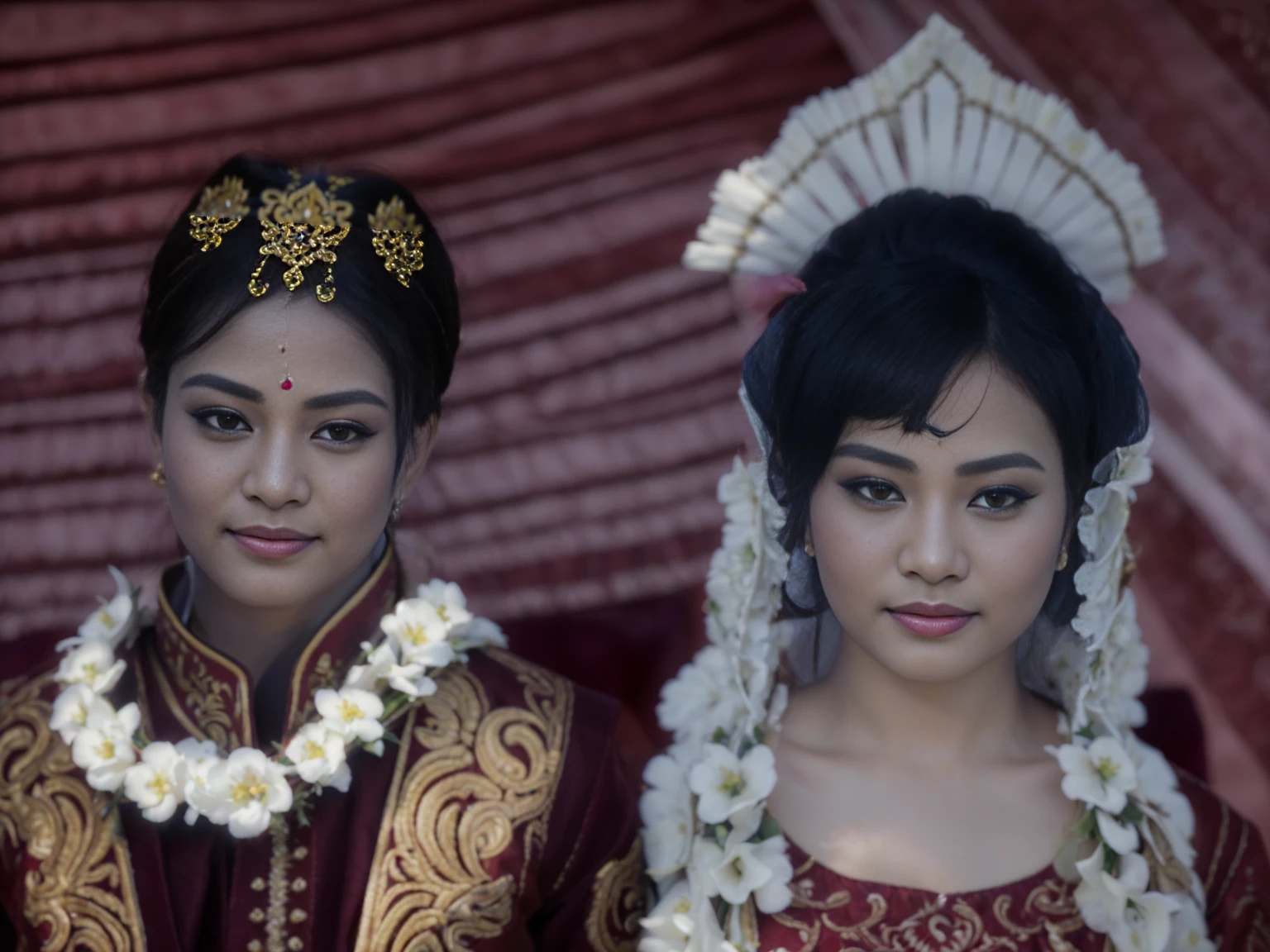 high quality, best quality, photo-realistic, raw-photo, ultra-detailed, High definition, masterpiece, intricate details, detailed texture, finely detailed, portrait of a bride and groom from Indonesia, Javanese ethnicity, The bride and groom wore traditional Javanese wedding clothes, Javanese kebaya is red, the groom wears a blangkon on his head