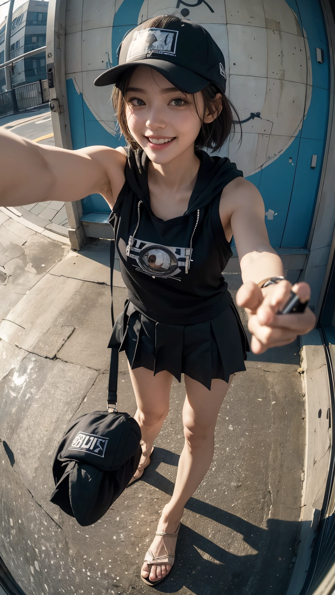 masterpiece, Highest quality, Very detailed, 8K, Realistic, One Girl, alone, ((Facial Up:1.4)),Tomboy, Very detailed face,((Smiling and winking, showing his teeth)), (Selfie taken from above with a fisheye lens:1.4), Standing in front of a wall covered in hip hop graffiti, Short-cut gray hair,barefoot, He is wearing a short tank top and an open-zipped hoodie...,I can see your chest,Pleated mini skirt,Wear a New Era cap,Look forward