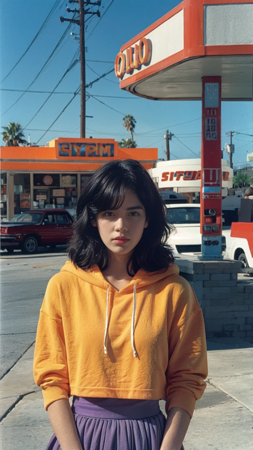 (medium long shot portrait) of cute 23 yo girl ,wear ((orange color oversized_hoodie)), wear ((purple tennis skirt)),looking front,Best Quality,Masterpiece,Ultra High Resolution,(Realisticity:1.4),Original Photo, 1Girl, light leak,ultra high resolution,UHD,beautiful, (black straight hair), almond eye, no makeup, in front of ((80's los angles colorful gas station)), (realistic:1.2), (surreal:1.3), (very detailed:1.1), ((masterpiece)),summer, blue sky, palm trees,sunny, los angles vibes,film camera, 800mm lens,style of Philip Lorca diCorcia