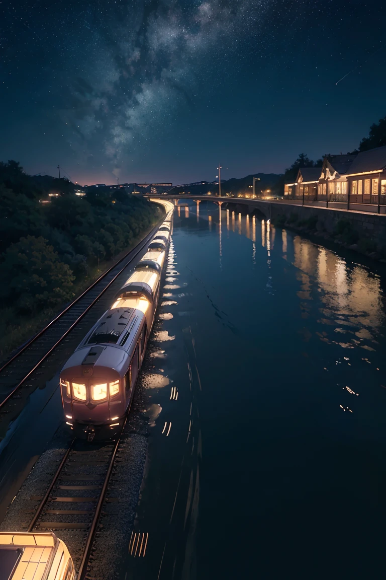 masterpiece, Animated train passing through water on the tracks, Bright starry sky. Romantic Train, Photo by Makoto Shinkai, Pixiv, Concept Art, Lofi Art style, reflection. by Makoto Shinkai, Lofi Art, Beautiful anime scene, Anime scenery, Detailed Landscape — Width 672, in Makoto Shinkai&#39;s Style, Makoto Shinkai&#39;s Style, Enhanced Details.