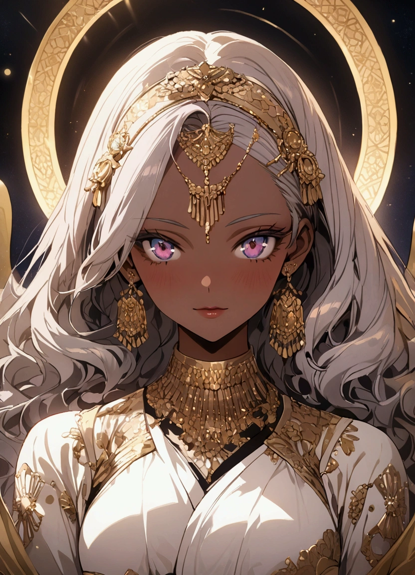 masterpiece,Highest quality,Highest quality,shape,Intricate details,One Girl, Brown Skin, National costume, ((Gray Hair)),Curly Hair,
night,Starry Sky, Written boundary depth, Luxurious Arabian palace, nice, Anime Style, Make your face beautiful, Anatomically correct, Glow effect, Clear Shadows