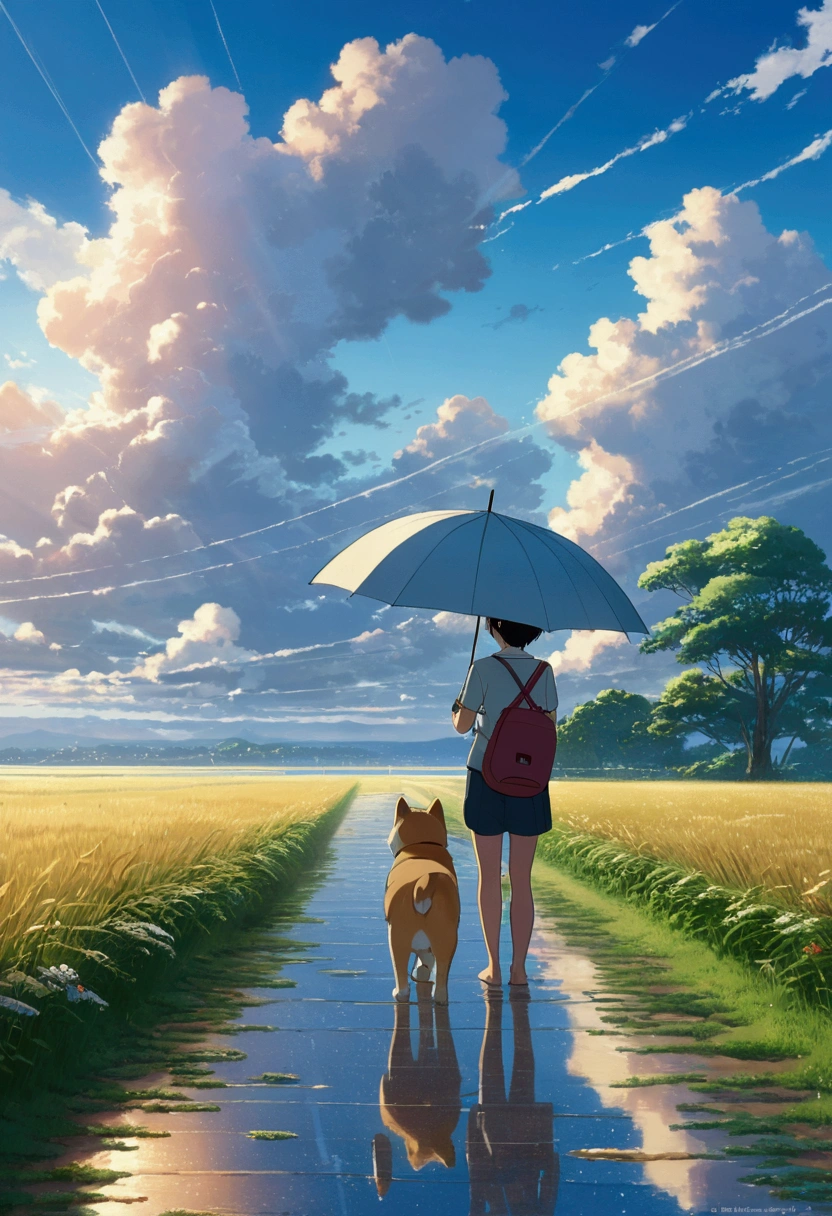 Makoto Shinkai Taste, Beautiful sky, rainy season, Umbrella,Shiba Inu Puppy, ,Romantic Landscape, Healing scenes,hope, Summer Morning,Makoto Shinkai Taste,Detailed Description,