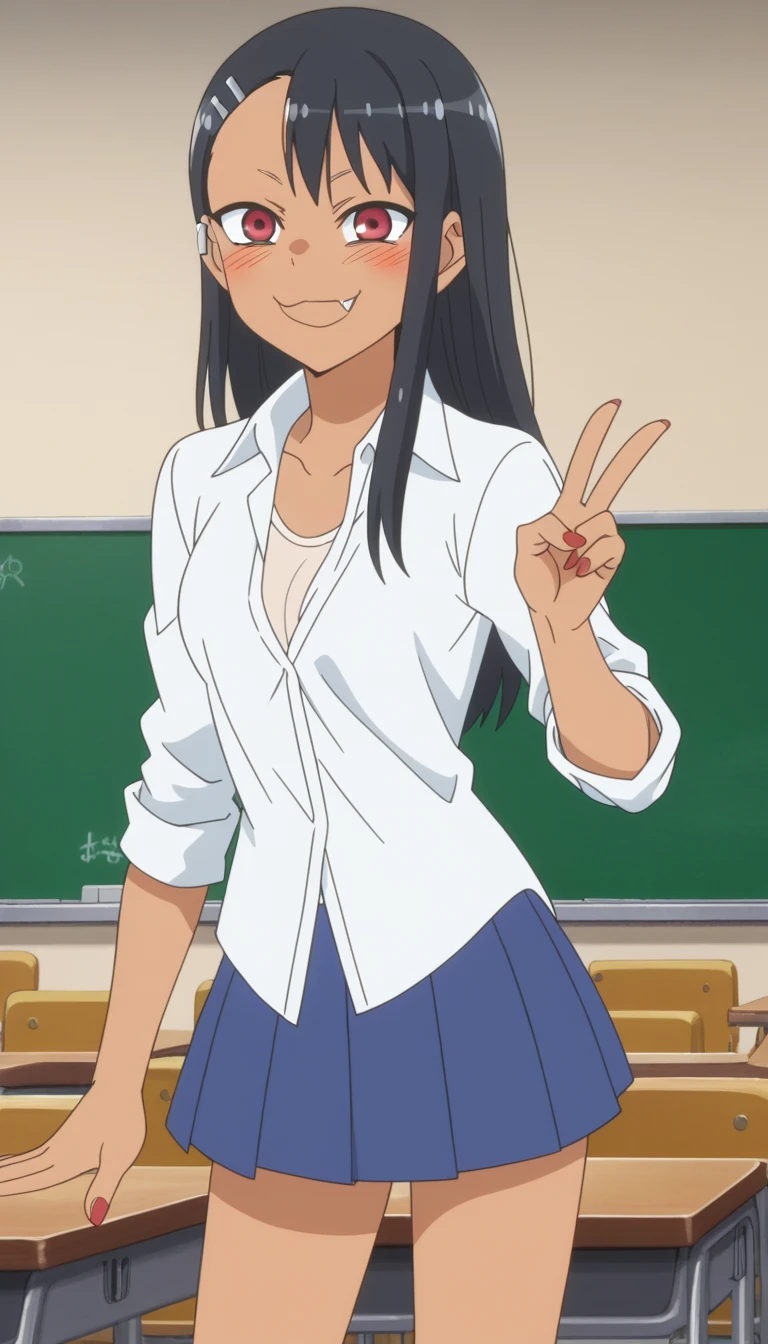 score_9, score_8_up, score_7_up, source_anime, anime screencap, anime coloring, 
hayasenagatoro,
hayase nagatoro, long hair, bangs, black hair, hair ornament, brown eyes, hairclip, fang, dark skin, dark-skinned female, tan,
skirt, shirt, ((white shirt unbuttoned)), pleated skirt, nail polish, blue skirt, red nails, earclip,
indoors, classroom, bent over, smile,
looking at viewer, solo, ((very drunk)), ((staggers)), ((agitated)), ((provocative)), ((shows her naked breasts)), ((naughty)),