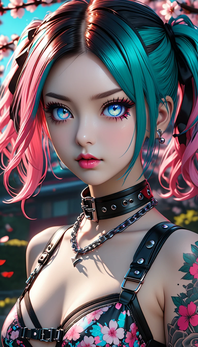 (Perfect Masterpiece, Highly Detailed CG UNITY 32K UHD Quality Resolution Wallpaper, Photorealistic, RAW Photo, Perfect Photogenic Clarity, Official Art, Award Winning Portrait, Super Super Realistic, Super Super Detailed , realistic shiny skin, ray tracing, glowing ambient light), anime, anime girl, Hatsune Miku (gothic hairstyle, colorful hair: 1.3), vivid moonlight eyes, long detailed eyelashes, spiky pink lips, beautiful eyes, (detailed gothic makeup: 1.2), (highly detailed Harajuku style gothic punk bikini with lots of straps, zippers, buckles and chains: 1.3), lots of tattoos and piercings, above the knee , leaning forward, close-up POV camera view from above, bright cherry blossom trees