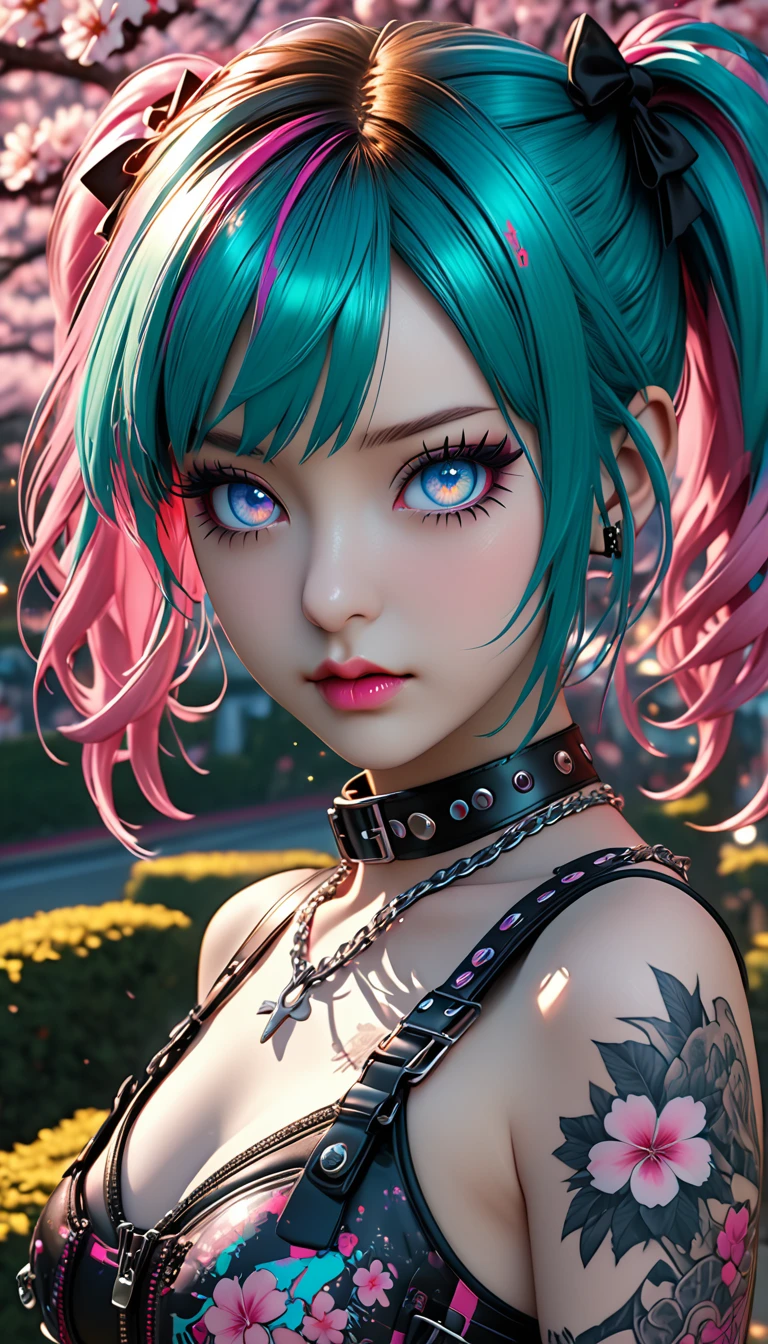(Perfect Masterpiece, Highly Detailed CG UNITY 32K UHD Quality Resolution Wallpaper, Photorealistic, RAW Photo, Perfect Photogenic Clarity, Official Art, Award Winning Portrait, Super Super Realistic, Super Super Detailed , realistic shiny skin, ray tracing, glowing ambient light), anime, anime girl, Hatsune Miku (gothic hairstyle, colorful hair: 1.3), vivid moonlight eyes, long detailed eyelashes, spiky pink lips, beautiful eyes, (detailed gothic makeup: 1.2), (highly detailed Harajuku style gothic punk bikini with lots of straps, zippers, buckles and chains: 1.3), lots of tattoos and piercings, above the knee , leaning forward, close-up POV camera view from above, bright cherry blossom trees