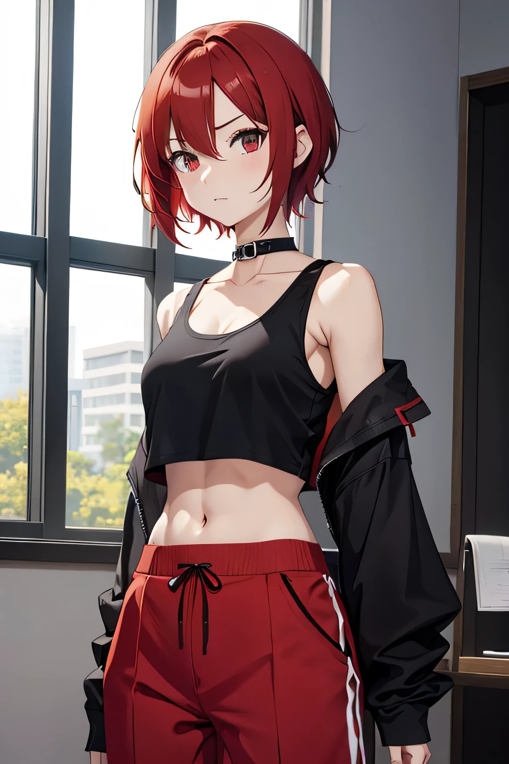 Anime Short red hair Boyish Small breasts Black tank top Navel-baring abs Girl Red long sleeves and pants