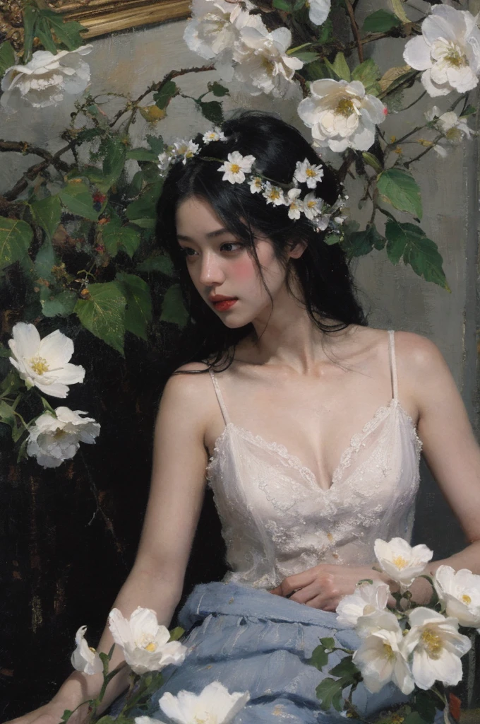 (oil painting:1.5),
\\
Woman with long black hair with white flowers in her hair lies in a field of white flowers., (Amy Soul:0.248), (Stanley Argerm Lau:0.106), (detailed drawings:0.353), (gothic art:0.106)