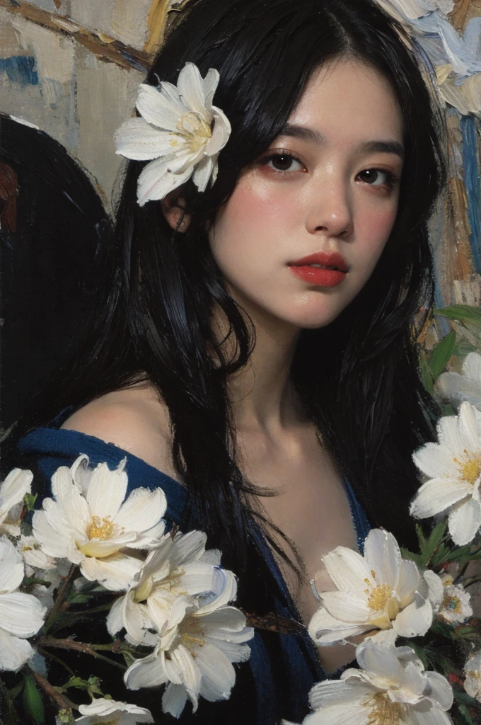 (oil painting:1.5),
\\
Woman with long black hair with white flowers in her hair lies in a field of white flowers., (Amy Soul:0.248), (Stanley Argerm Lau:0.106), (detailed drawings:0.353), (gothic art:0.106)