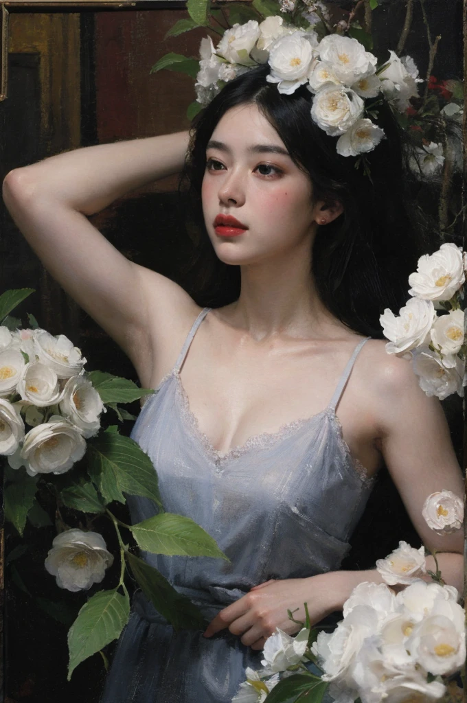 Queen, full body display, leaning against the ruins, with floating bat all around the background. The Queen's expression enchanting, her posture seductive, her hand holding her face, and there a flicker of evil energy runes in the background, blood mist filled, and soft light. Black stockings. Official art, unit 8 k wallpaper, ultra detailed, beautiful and aesthetic, masterpiece, best quality, extremely detailed, dynamic angle, paper skin, radius, iuminosity, cowboyshot, the most beautiful form of Chaos, elegant, a brutalist designed, visual colors, romanticism, by James Jean, roby dwi antono, cross tran, francis bacon, Michael mraz, Adrian ghenie, Petra cortright, Gerhard richter, Takato yamamoto, ashley wood, atmospheric, ecstasy of musical notes, streaming musical notes visible, flowers in full bloom, many bird of parade, deep forests, sunlight, atmosphere, rich details, full body lens, shot from above, shot from below, detail background, beautiful sky, floating hair, perfect face, exquisite facial features, high detail, smile, Fisheye lens, dynamic angle, dynamic posture,As the moon,1,sen,nature,plan,flowers,tree,Steampunk,semantics through,