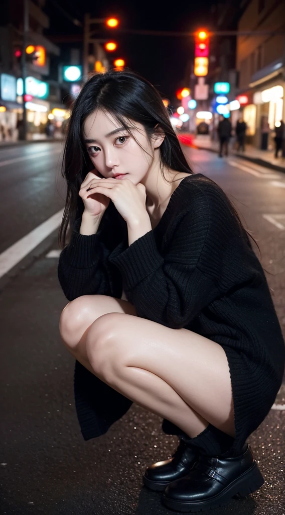 【Your request】:Japanese streets at night,A decadent black-haired girl with heavy dark circles under her eyes, wearing a loose black sweater, squatted on the side of the road and smoked
【Image Quality/Scenes/Special Effects/Emotional tone requirements/Characters' movements and clothing/Close-ups and special shots(English)】:"(masterpiece: 1.3), (best quality: 1.2), (ultra-detailed: 1.2), (8K: 1.1), (photorealistic: 1.1), (cinematic lighting: 1.2), (night scene: 1.3), (Japanese street: 1.2), (Urban: 1.1), (neon lights: 1.1), (1girl: 1.3), (独奏: 1.2), (teenager: 1.2), (squatting: 1.3), (smoking: 1.3), (cigarette: 1.2), (oversized black hoodie: 1.3), (hood up: 1.2), (long sleeves: 1.1), (baggy clothes: 1.2), (sneakers: 1.1), (side view: 1.2), (profile: 1.1), (looking away: 1.1), (serious expression: 1.2), (Sad eyes: 1.2), (black hair: 1.3), (messy hair: 1.1), (pale skin: 1.1), (heavy dark circles under eyes: 1.3), (slouching: 1.2), (street lamp: 1.1), (vending machine: 1.1), (graffiti: 1.1), (puddles: 1.1), (reflections: 1.1), (atmospheric: 1.2), (moody: 1.2), (lonely: 1.2), (melancholic: 1.2), (depth of field: 1.1), (rule of thirds: 1.1), (soft focus: 1.1), (film grain: 1.1), (gloomy: 1.2), (desaturated colors: 1.1)