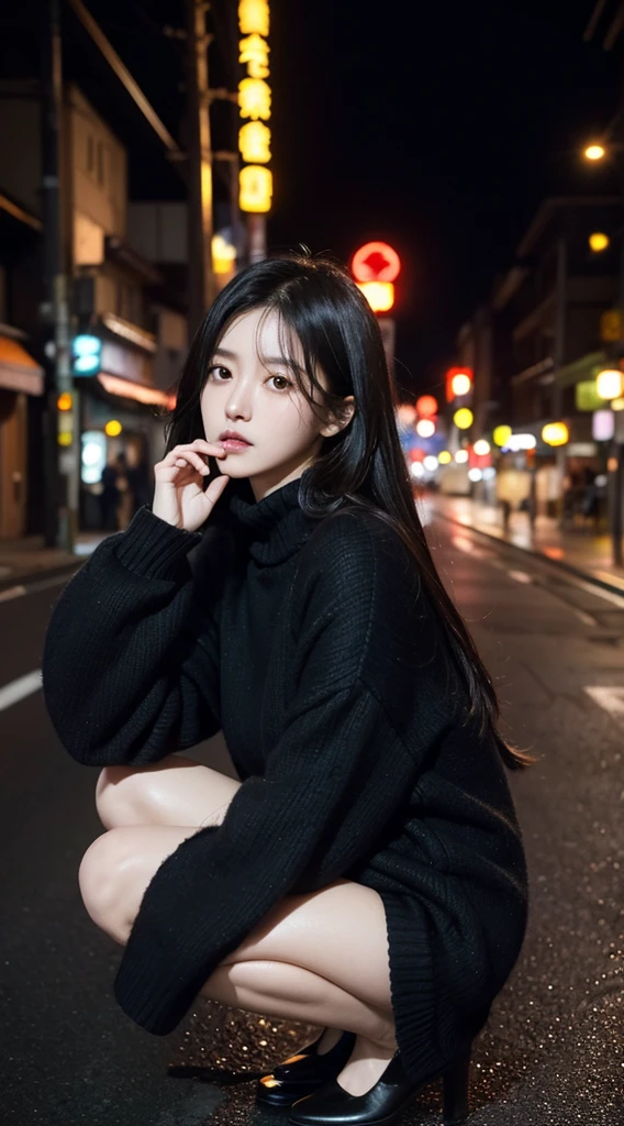 【Your request】：Japanese streets at night，A decadent black-haired girl with heavy dark circles under her eyes, wearing a loose black sweater, squatted on the side of the road and smoked

【Image Quality/Scenes/Special Effects/Emotional tone requirements/Characters&#39; movements and clothing/Close-ups and special shots(English)】："(masterpiece: 1.3), (best quality: 1.2), (ultra-detailed: 1.2), (8K: 1.1), (photorealistic: 1.1), (cinematic lighting: 1.2), (night scene: 1.3), (Japanese street: 1.2), (Urban: 1.1), (neon lights: 1.1), (1girl: 1.3), (独奏: 1.2), (ager: 1.2), (squatting: 1.3), (smoking: 1.3), (cigarette: 1.2), (oversized black hoodie: 1.3), (hood up: 1.2), (long sleeves: 1.1), (baggy clothes: 1.2), (sneakers: 1.1), (side view: 1.2), (profile: 1.1), (looking away: 1.1), (serious expression: 1.2), (Sad eyes: 1.2), (black hair: 1.3), (messy hair: 1.1), (pale skin: 1.1), (heavy dark circles under eyes: 1.3), (slouching: 1.2), (street lamp: 1.1), (vending machine: 1.1), (graffiti: 1.1), (puddles: 1.1), (reflections: 1.1), (atmospheric: 1.2), (moody: 1.2), (lonely: 1.2), (melancholic: 1.2), (depth of field: 1.1), (rule of thirds: 1.1), (soft focus: 1.1), (film grain: 1.1), (gloomy: 1.2), (desaturated colors: 1.1)