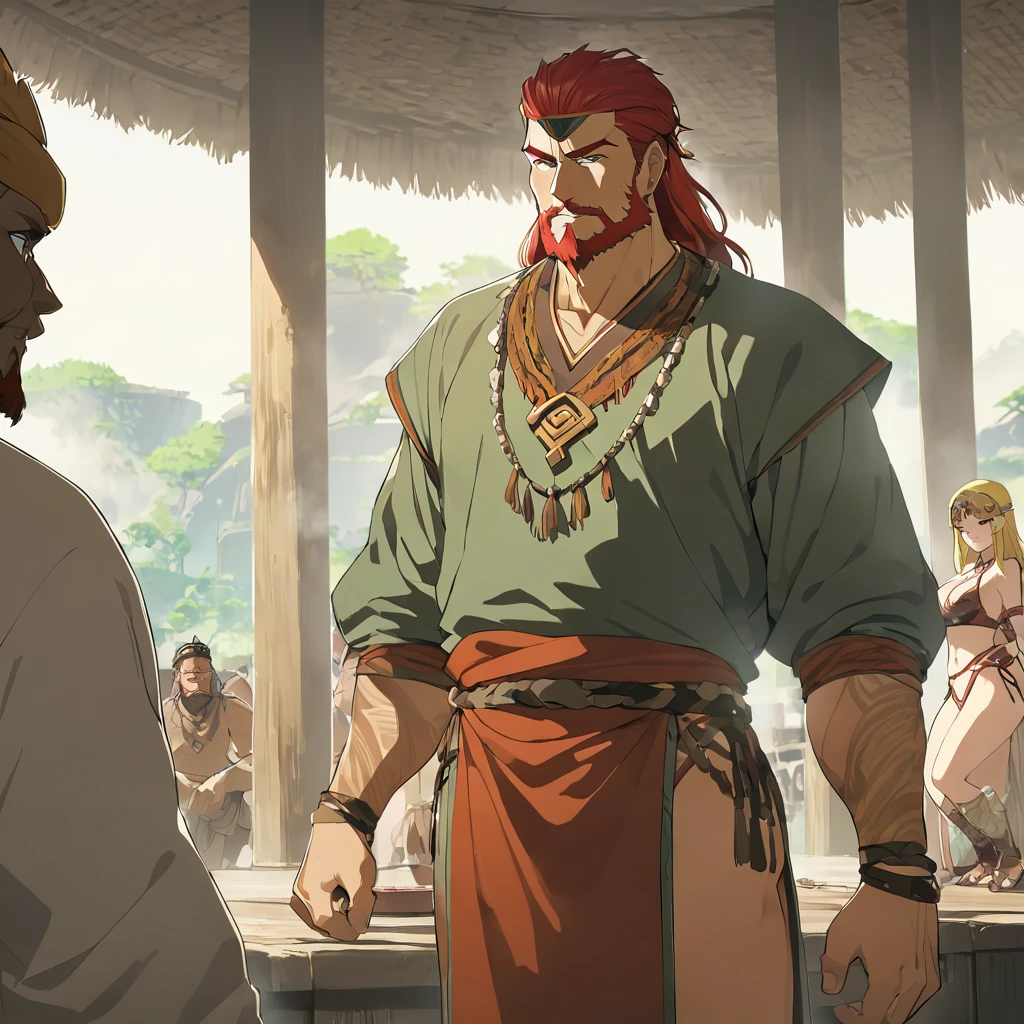 ((Highest quality)), ((masterpiece)), (detailed), (Perfect Face)、The woman is Queen Zelda of the Gerudo tribe, blonde with blue eyes.、The woman is wearing the sexy, see-through traditional costume of the Gerudo tribe.、The woman happily serves King Ganondorf.、The man is King Ganondorf of the Gerudo tribe, a dignified, middle-aged man with a beard, strong red hair and dark skin, and is wearing the traditional Gerudo costume.