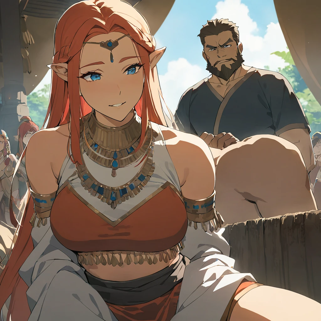 ((Highest quality)), ((masterpiece)), (detailed), （Perfect Face）、The woman is Queen Zelda of the Gerudo tribe, blonde with blue eyes.、The woman is wearing the sexy, see-through traditional costume of the Gerudo tribe.、The woman happily serves King Ganondorf.、The man is King Ganondorf of the Gerudo tribe, a dignified, middle-aged man with a beard, strong red hair and dark skin, and is wearing the traditional Gerudo costume.