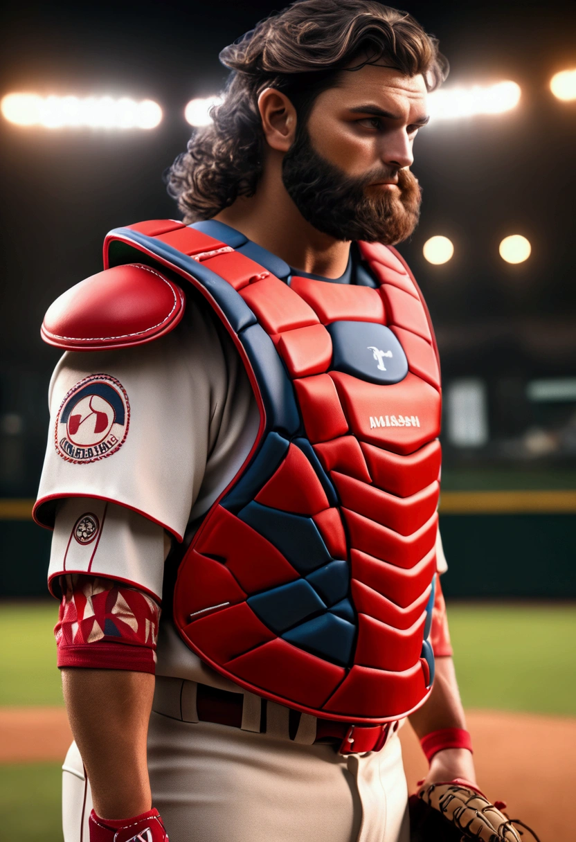 (Baseball Player), The baseball first baseman stands next to first base, his gloves firmly placed on his chest, and his focused gaze ready to react at any time. The background is the baseball field, focusing on their focused expressions and posture ready to receive the ball, full body, award-winning, cinematic still, emotional, vignette, dynamic, vivid, (masterpiece, best quality, Professional, perfect composition, very aesthetic, absurdres, ultra-detailed, intricate details:1.3)