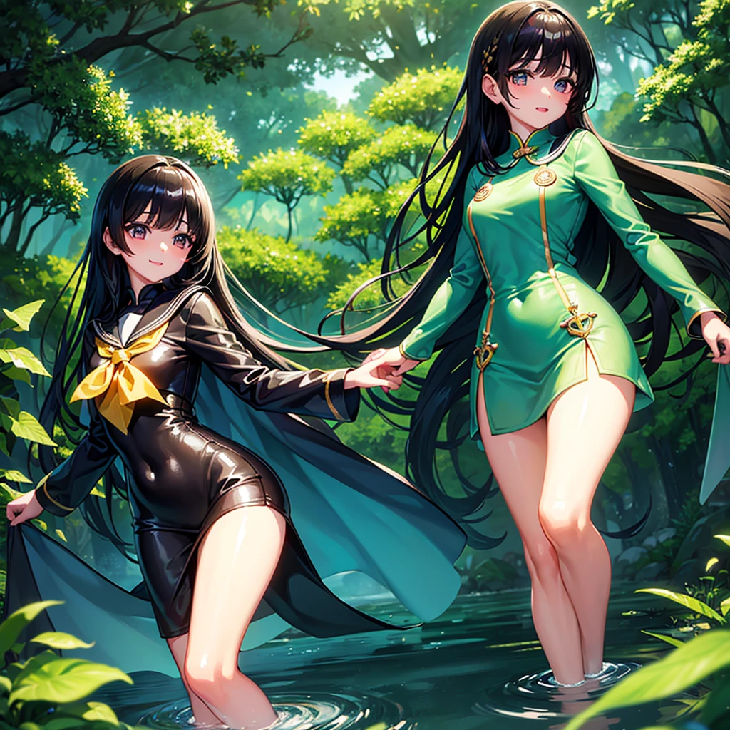 finely detailed beautiful girl, detailed 16k best quality, shiny hair, ultra-detailed beautiful shiny highlight clear eyes focus, beautiful shiny forest water background, Long Black Hair、Sailor suit、laughing、Brown eyes、
